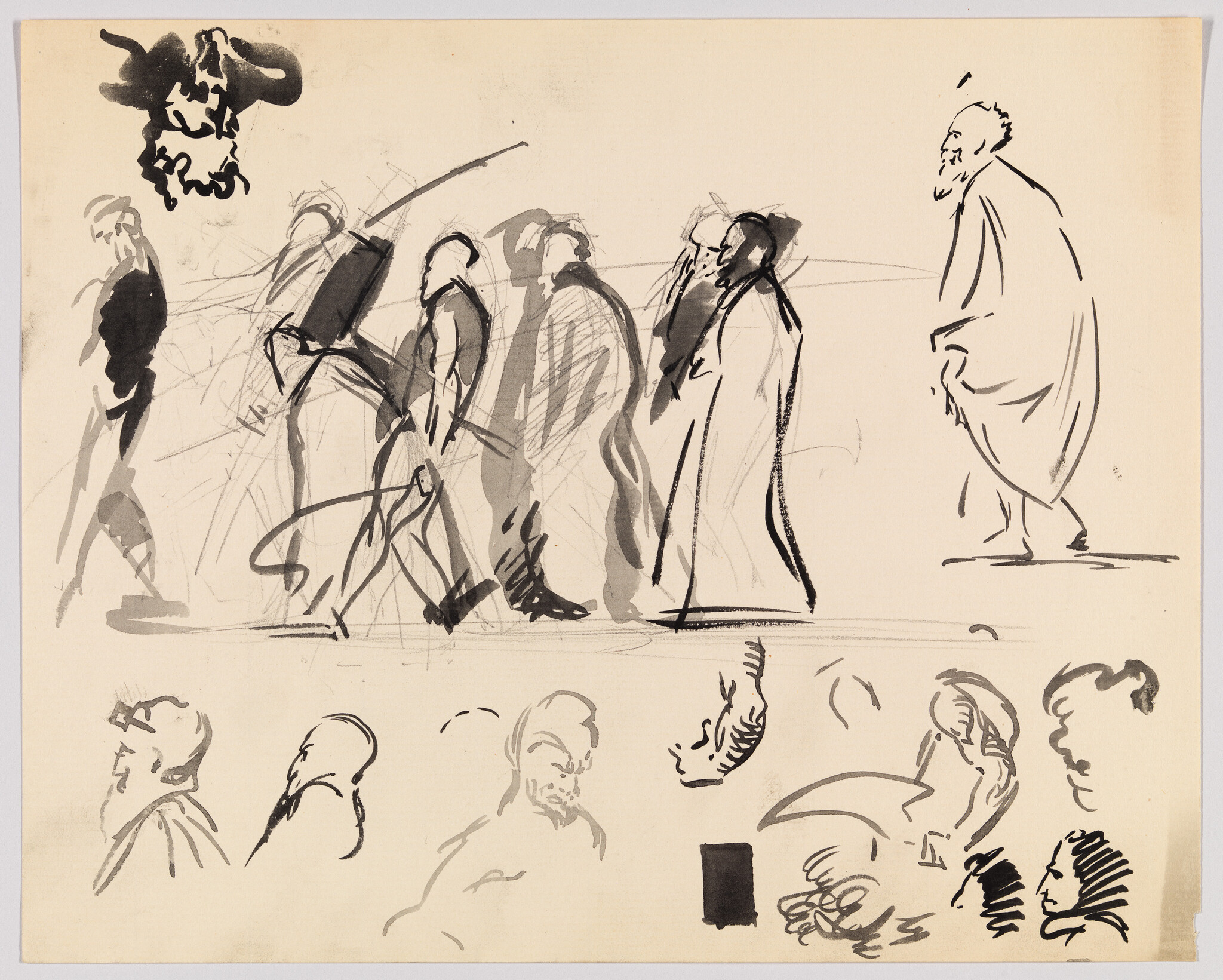 Several robed figures walk in a loose procession while small head studies line the bottom.