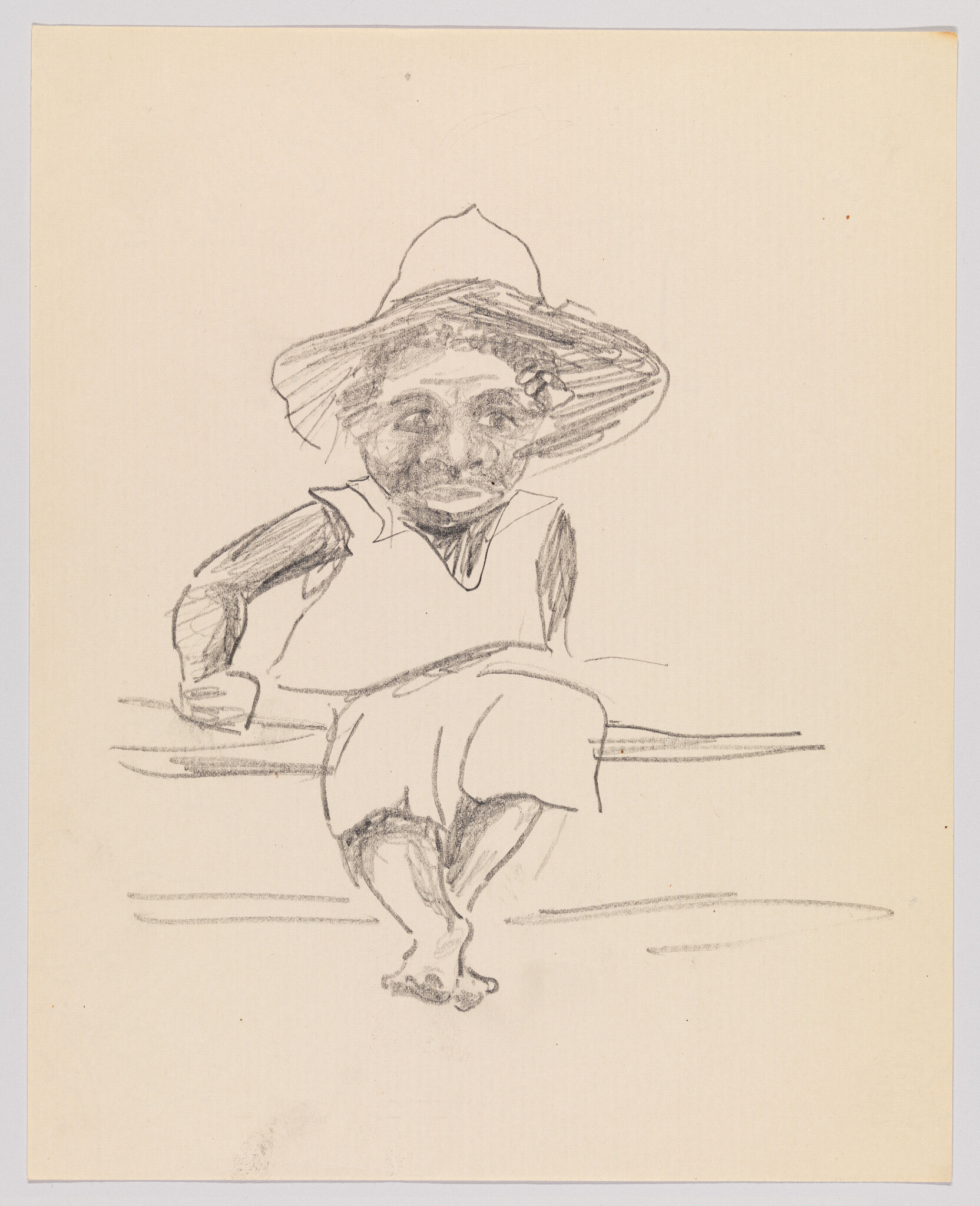A rough pencil sketch of a child wearing a wide-brim hat sitting with feet dangling.