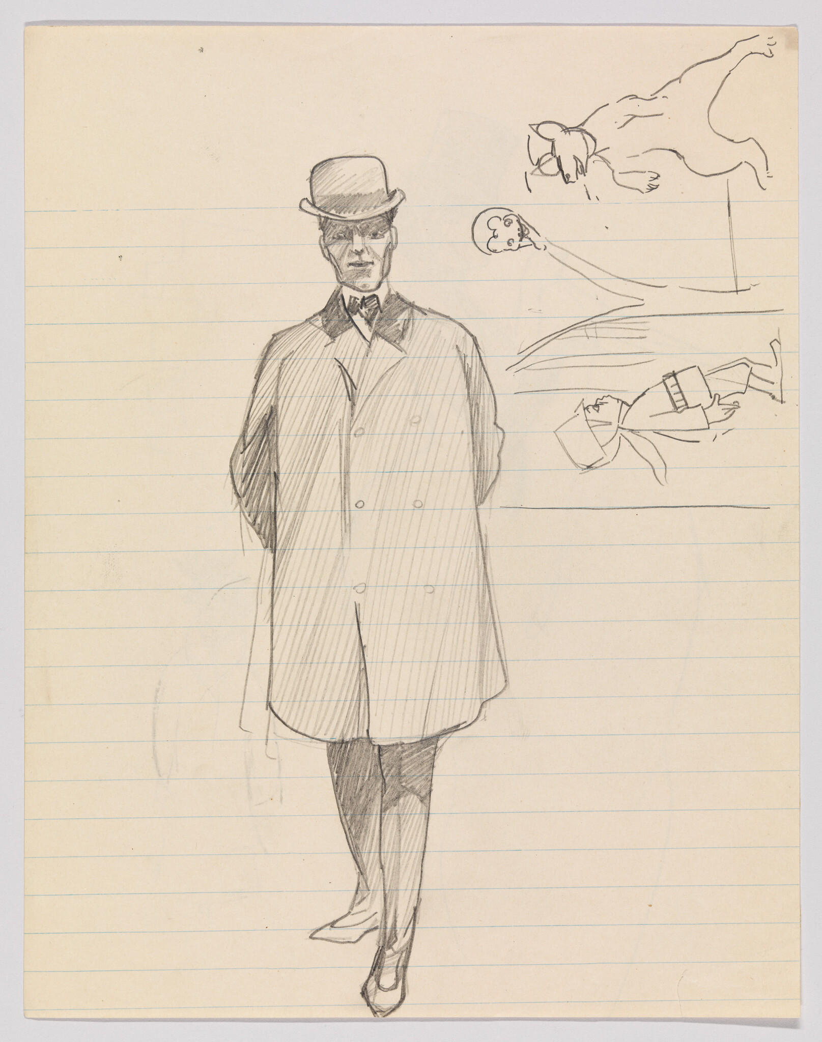 A pencil sketch of a man in a bowler hat and coat standing with hands behind his back.