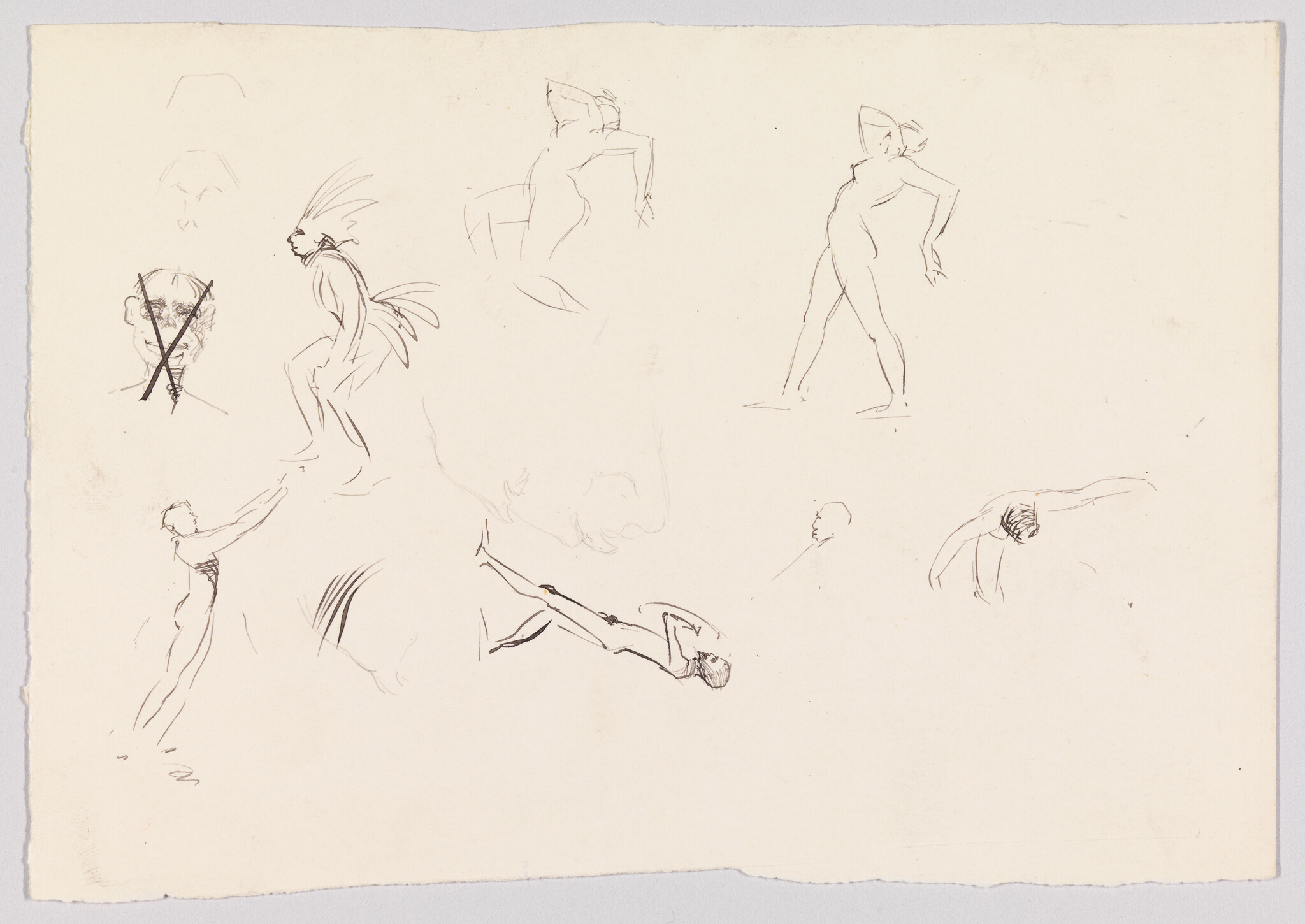 Several quick ink sketches of human figures in different poses, including a crossed-out face.