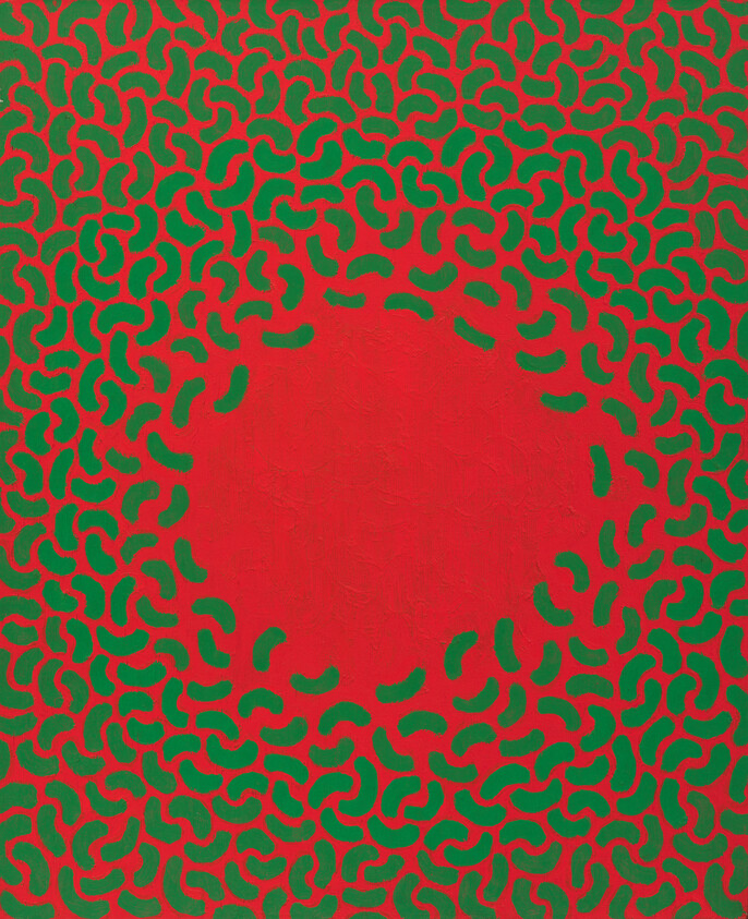 Green curved shapes form a dense ring around a solid red circular center on the canvas.
