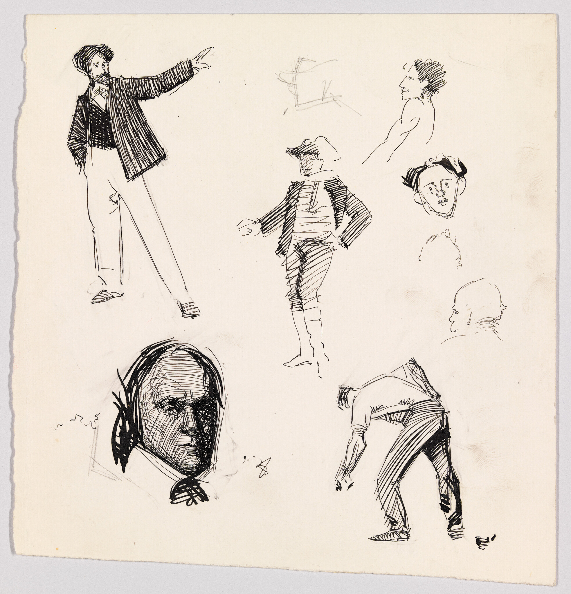 Several quick black-ink sketches show standing and bending figures and multiple head studies.