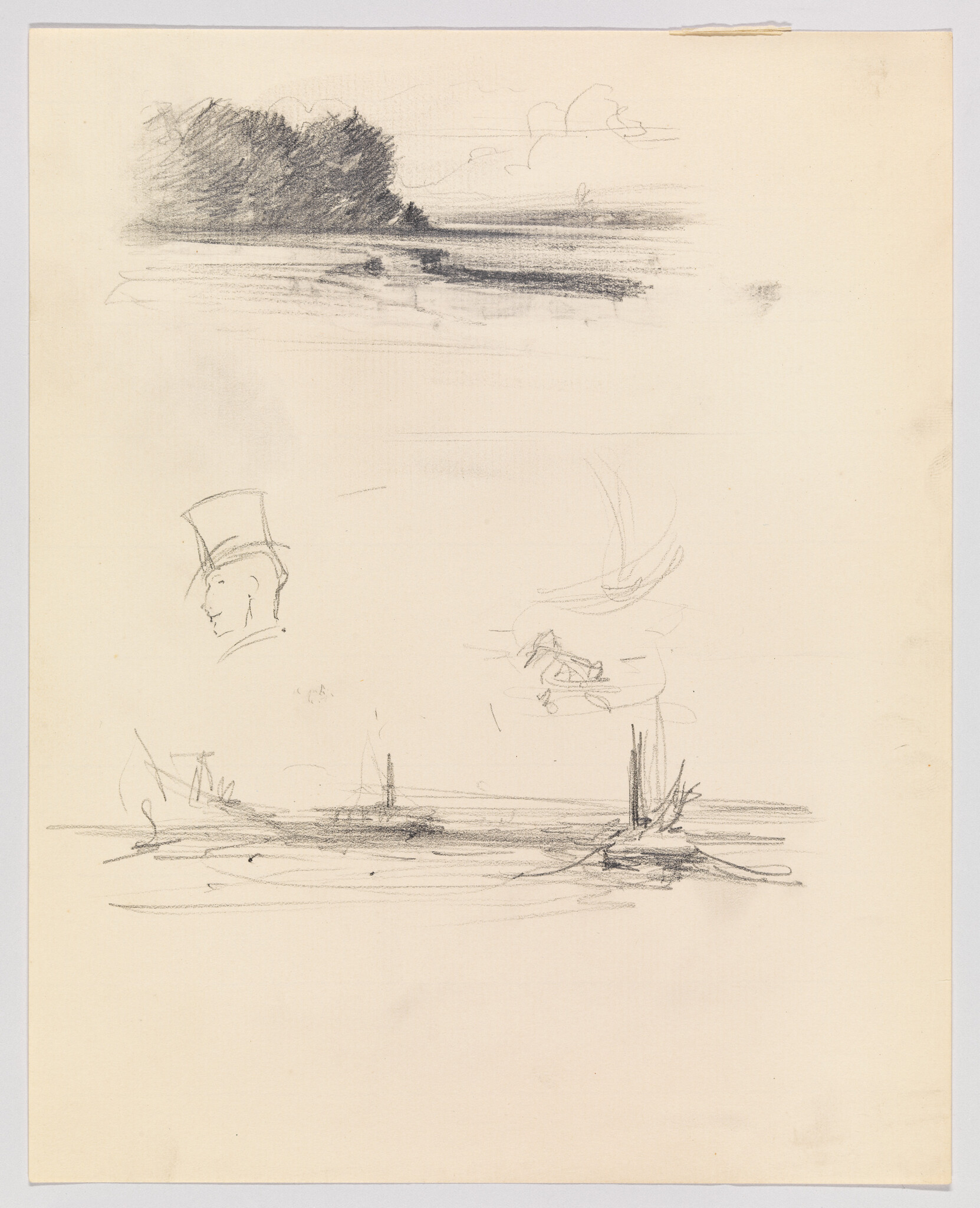 Pencil sketches of a shoreline with trees, small boats, and a man wearing a top hat.