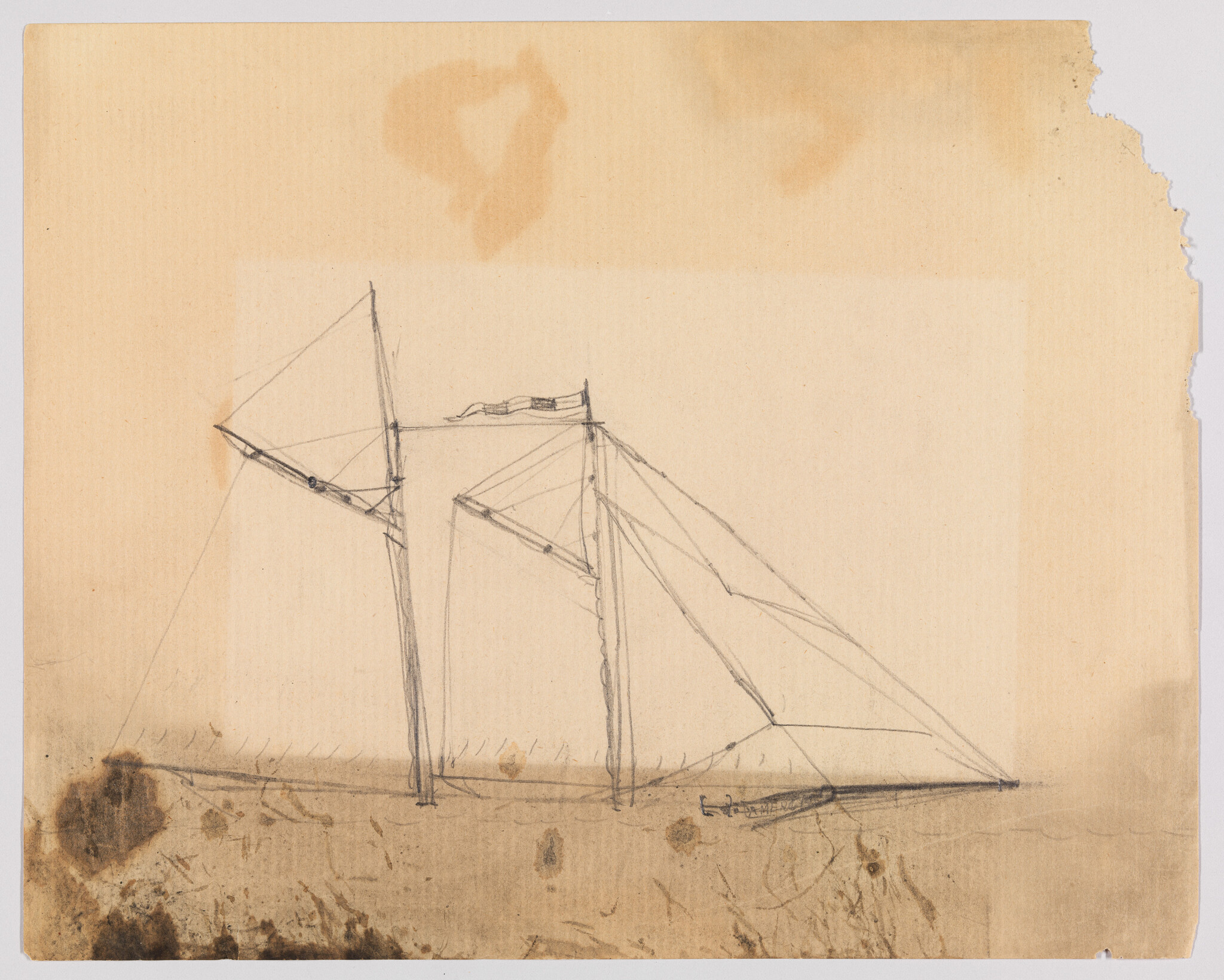 A rough pencil sketch of a two-masted sailboat with sails and rigging on stained paper.
