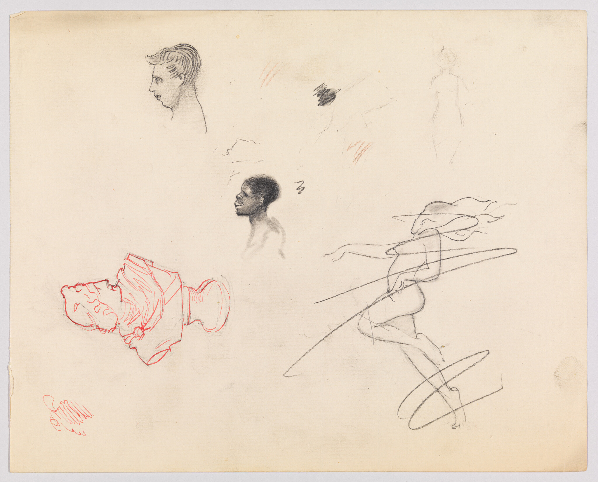 A sketch on aged paper featuring a variety of drawings: a profile of a man's head in pencil at the top left, a detailed sketch of a black man's head below it, a red pencil sketch of a classical bust at the bottom left, a faint full-body sketch of a figure to the right, and a more dynamic pencil sketch of a figure in a hat with flowing lines suggesting movement at the bottom right. Random pencil marks and smudges are scattered across the page.