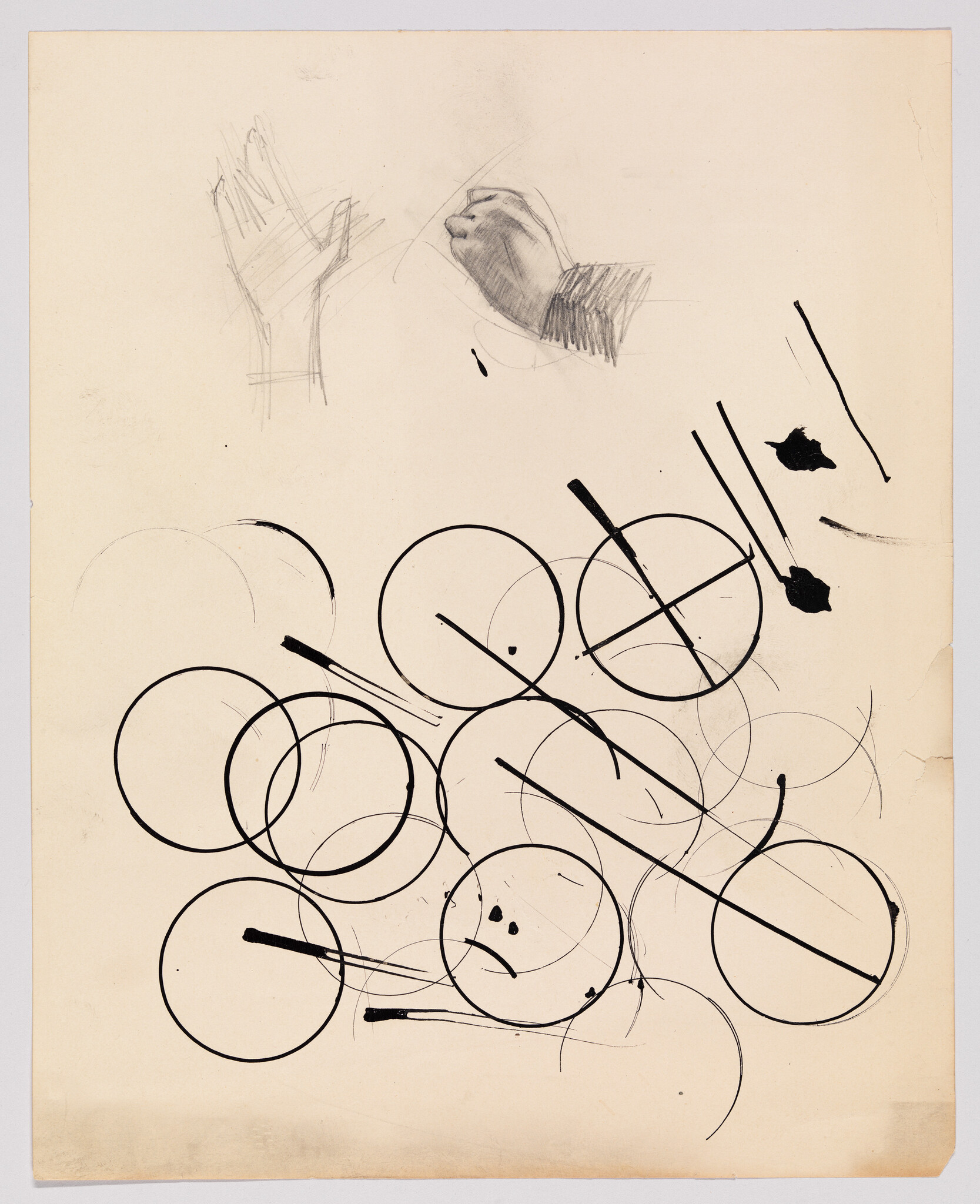 Loose pencil hand studies at top and overlapping black ink circles with diagonal marks across the page.