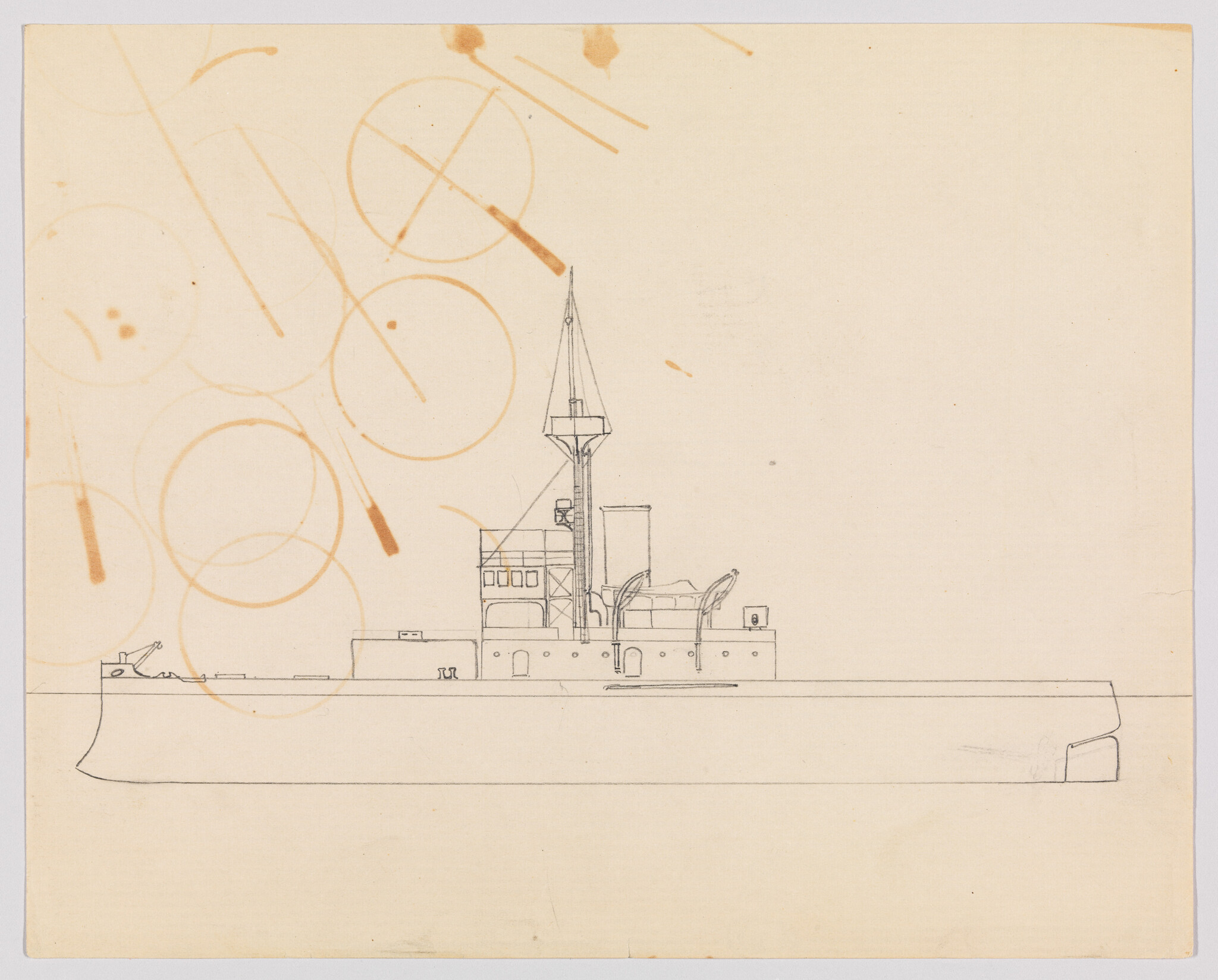 A simple line drawing of a naval ship with central mast and faint circular stains.