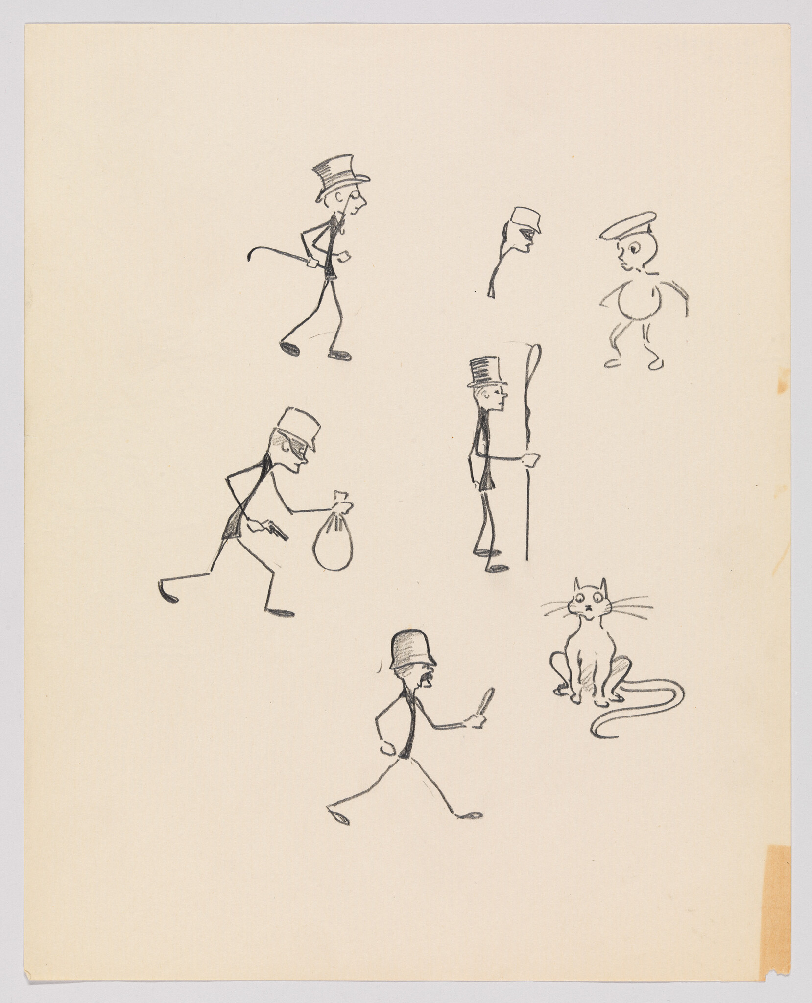 Several quick ink sketches show men in hats walking, carrying a sack, and a seated cat.