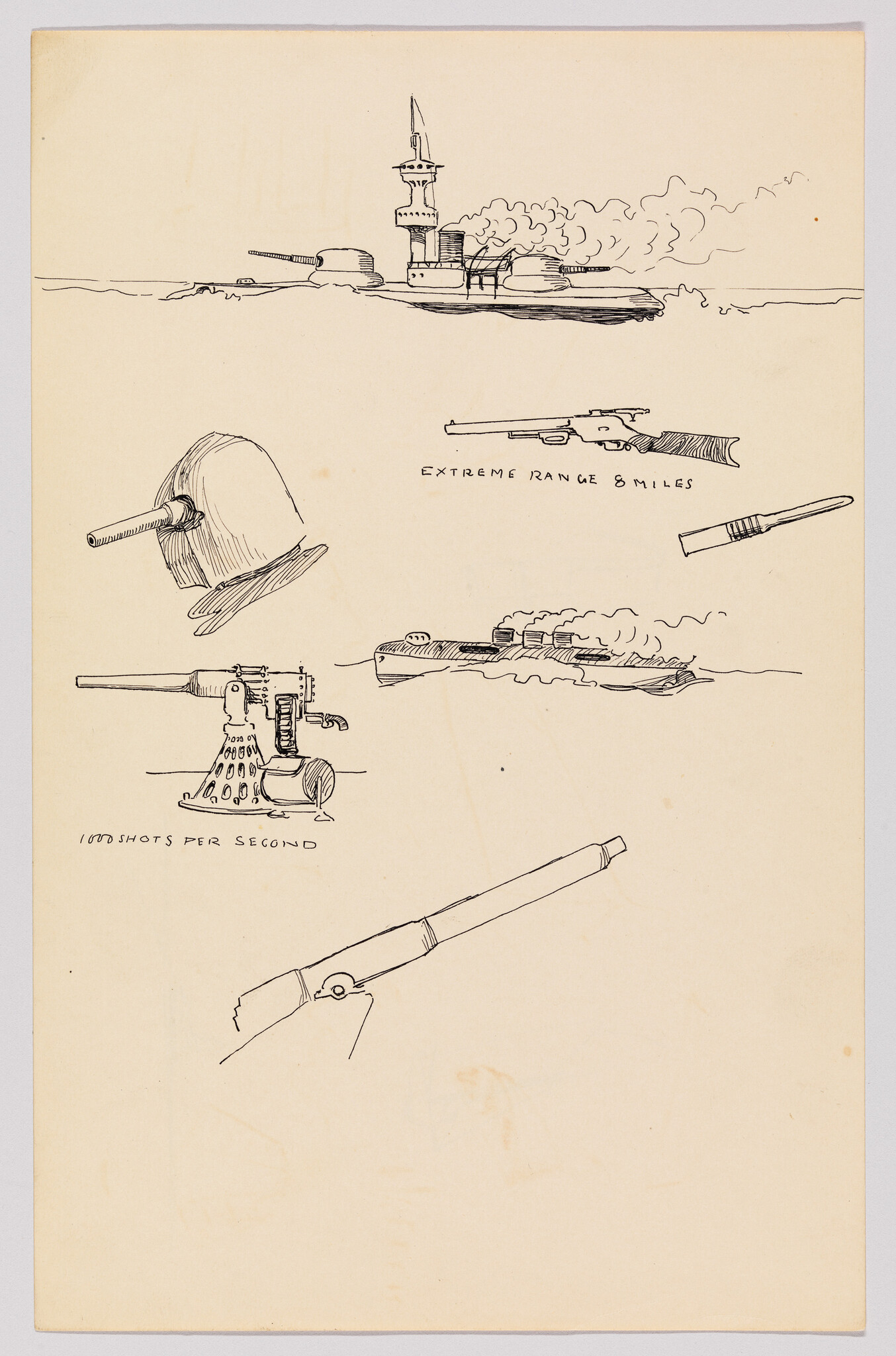 A sketch page featuring various military-themed drawings, including a battleship at sea with smoke in the background, a rifle labeled "EXTREME RANGE 8 MILES," a machine gun with the note "100 SHOTS PER SECOND," and other artillery pieces. The artwork is done in black ink on a beige paper background.