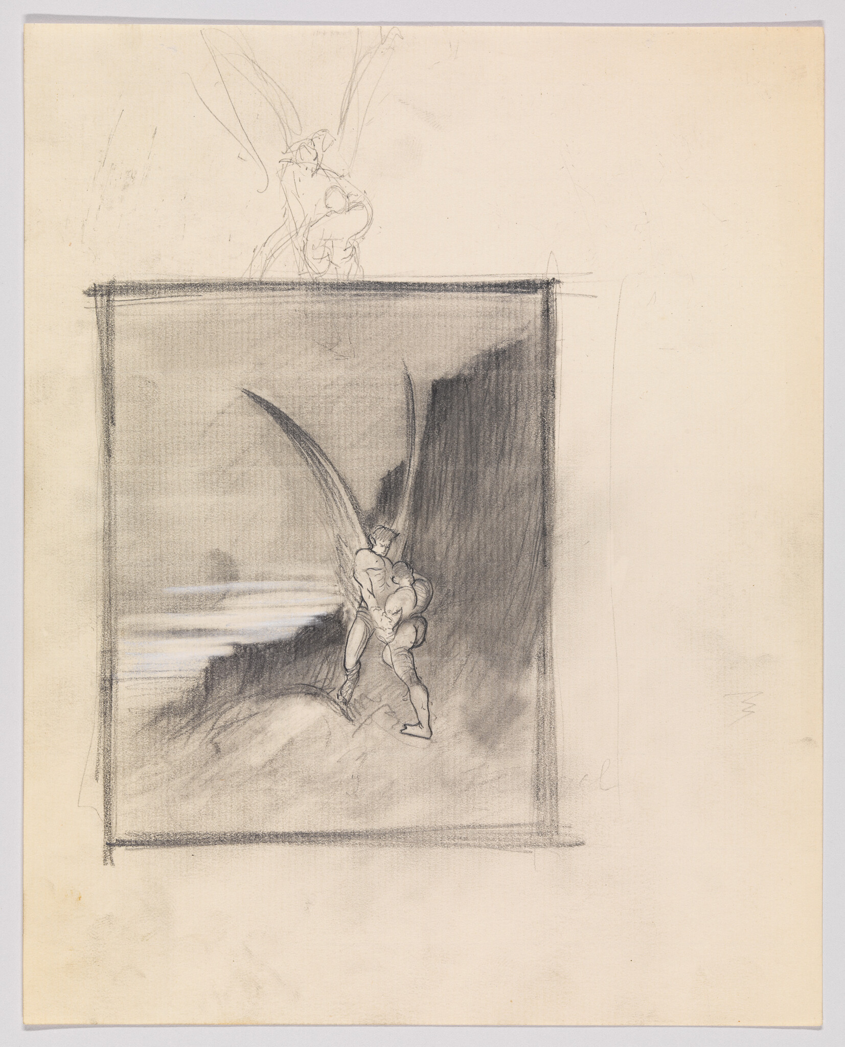 A winged figure carries an unconscious person near a rocky cliff inside a shaded rectangular frame.