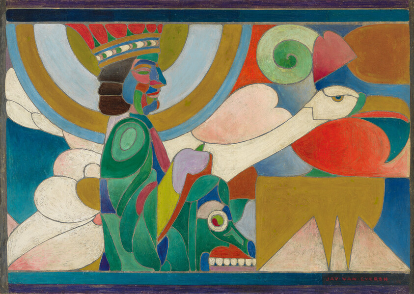 A colorful abstract painting featuring a profile view of a figure with a headdress, surrounded by various shapes and forms that suggest clouds, a bird, and other figures, with the artist's signature at the bottom right.