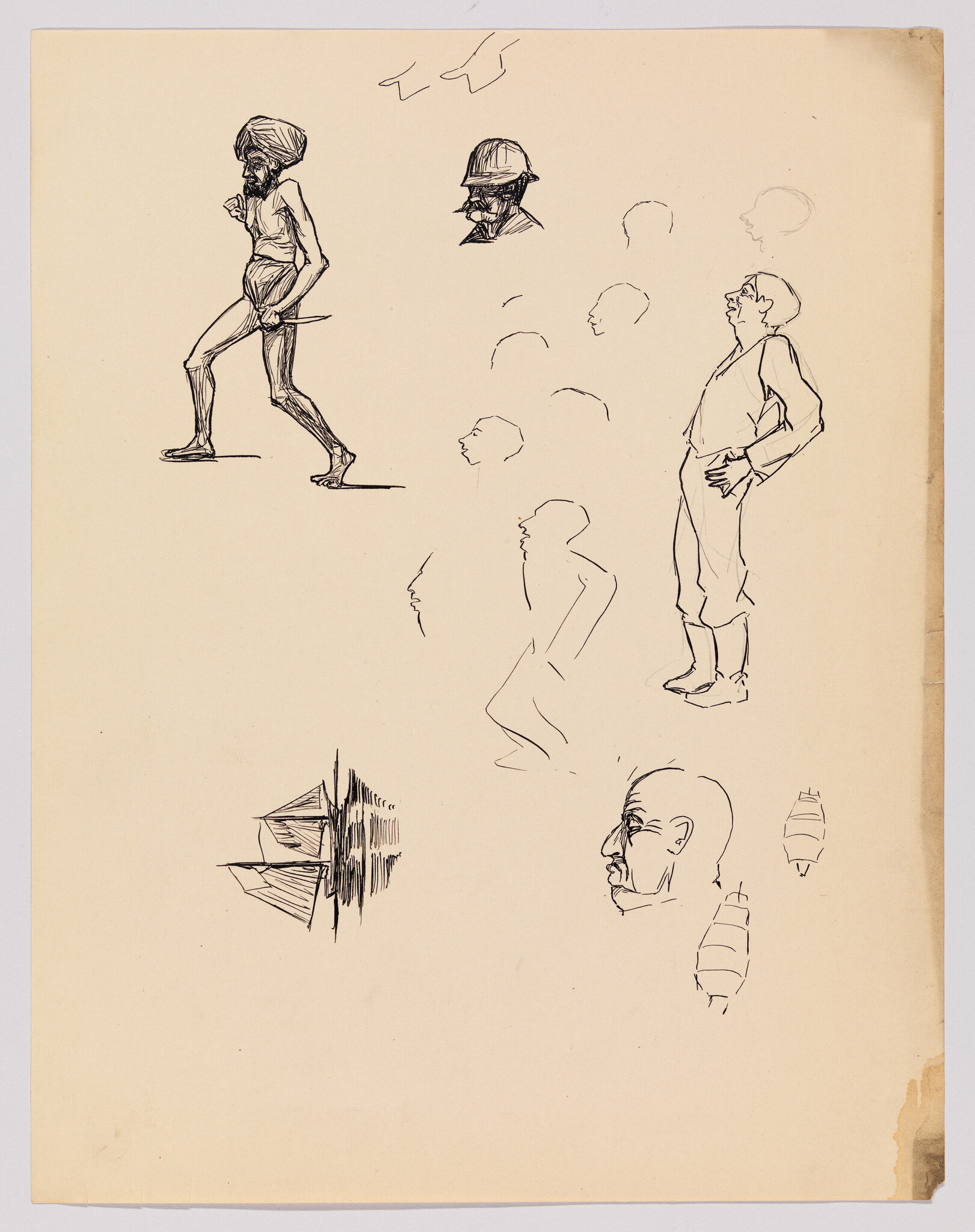 Multiple ink sketches on paper showing a walking turbaned man, standing figure, head profiles, and a sailboat.