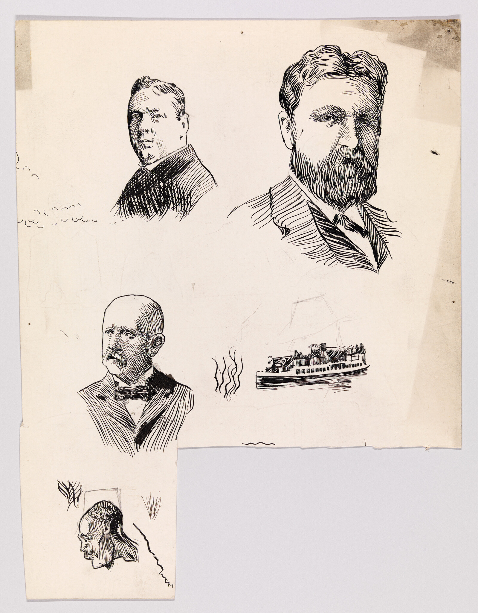 A collection of black ink sketches on a piece of aged paper, featuring two portraits of men with facial hair in the upper section, a side profile of another man's head, and a small sketch of a fish in the lower left. On the lower right, there's a drawing of a side-wheel steamboat with smoke trailing from its stacks. The paper has creases and tears, suggesting it is quite old.