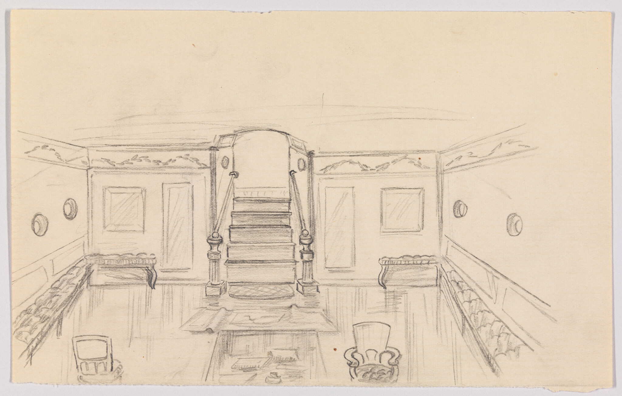 Pencil sketch of an interior scene featuring a central staircase with a curved handrail, flanked by two ornate columns. The room has decorative elements such as framed pictures on the walls, a patterned border near the ceiling, and a couple of chairs in the foreground. The drawing is on beige paper with visible creases and worn edges, suggesting age.