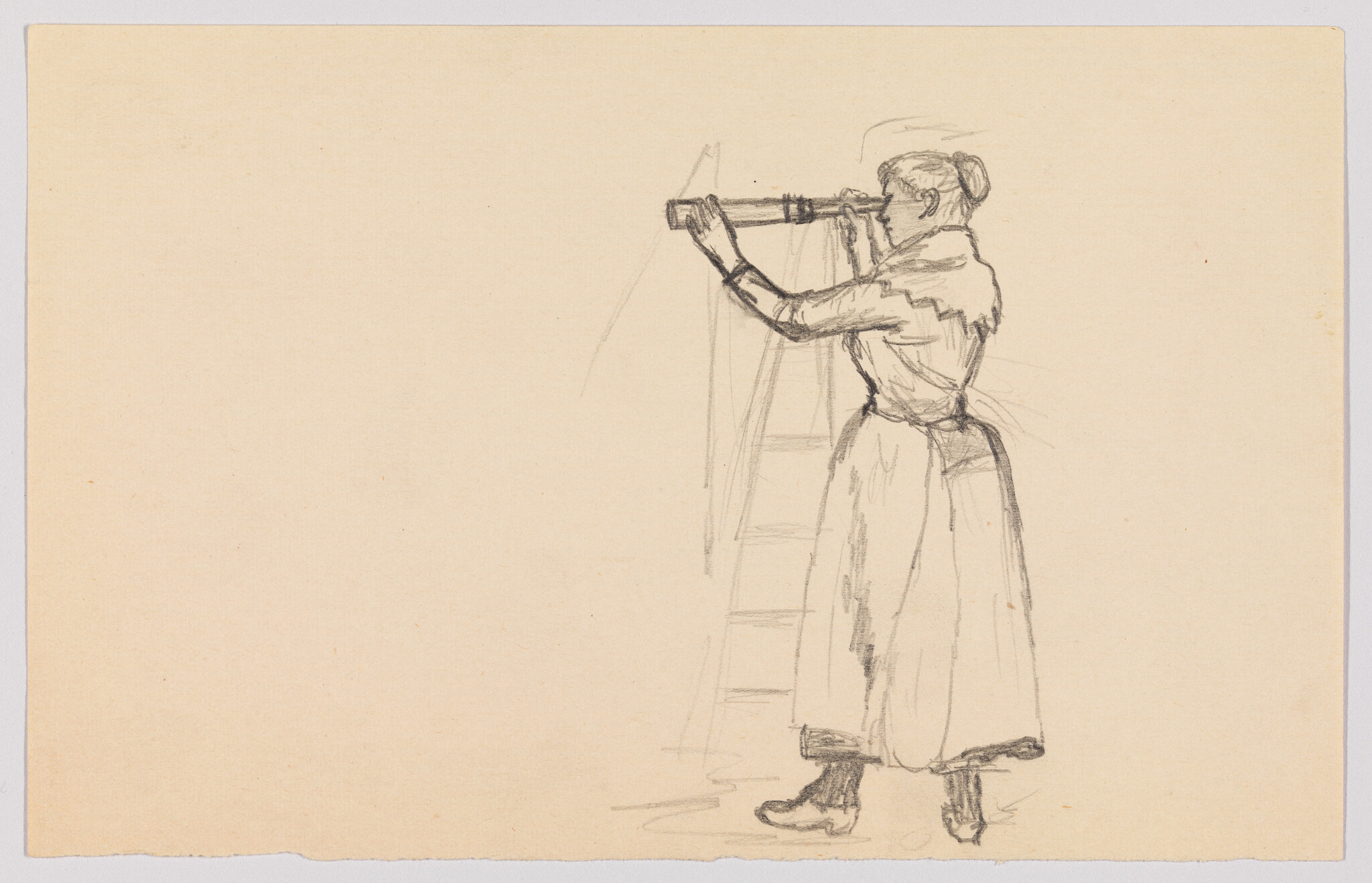 A woman in a long skirt stands using a hand telescope while a ladder stands behind her.