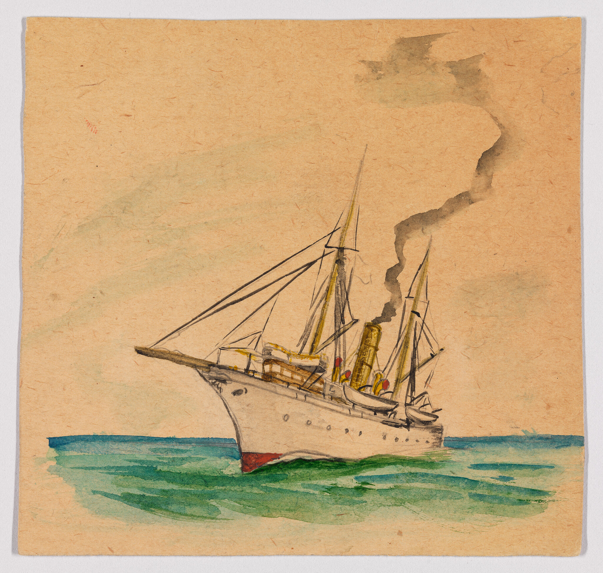 A steamship with smokestack and sails moves across green sea under a pale sky.