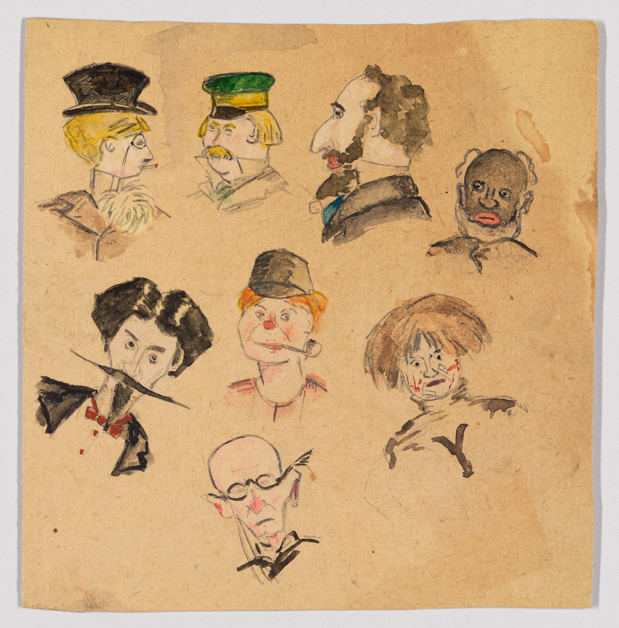 Nine small watercolor caricature heads showing different expressions and hats on aged paper.