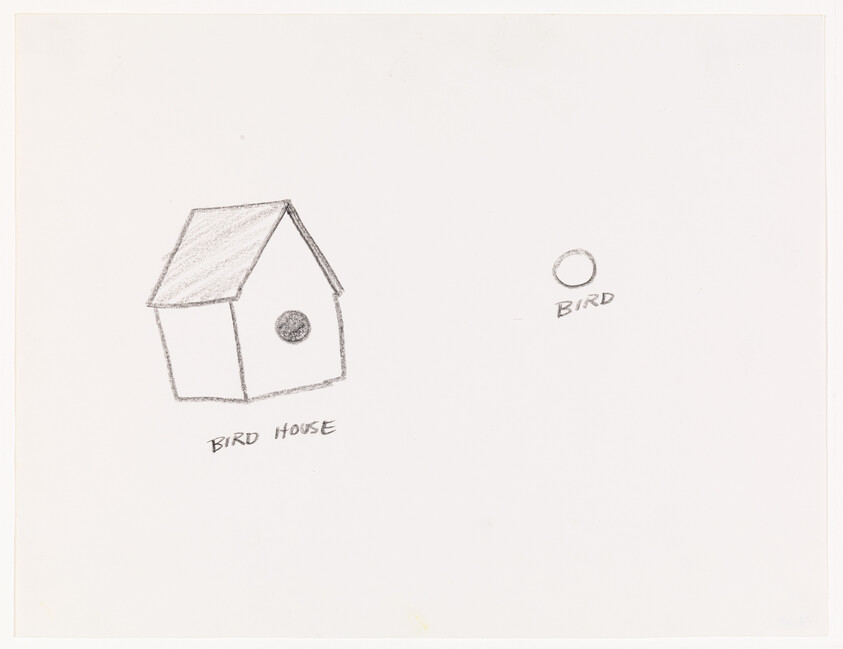 A pencil sketch of a birdhouse labeled "Bird house" with a separate small circle labeled "Bird."