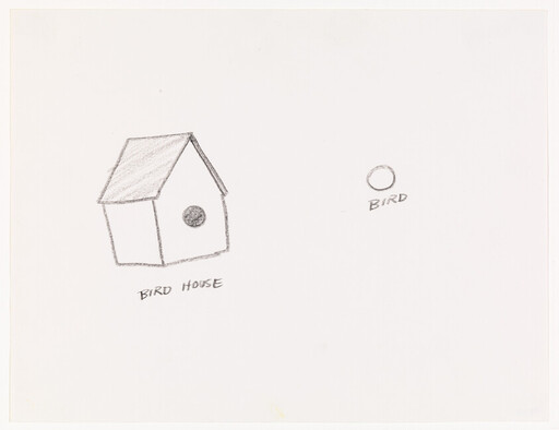 A pencil sketch of a birdhouse labeled "Bird house" with a separate small circle labeled "Bird."
