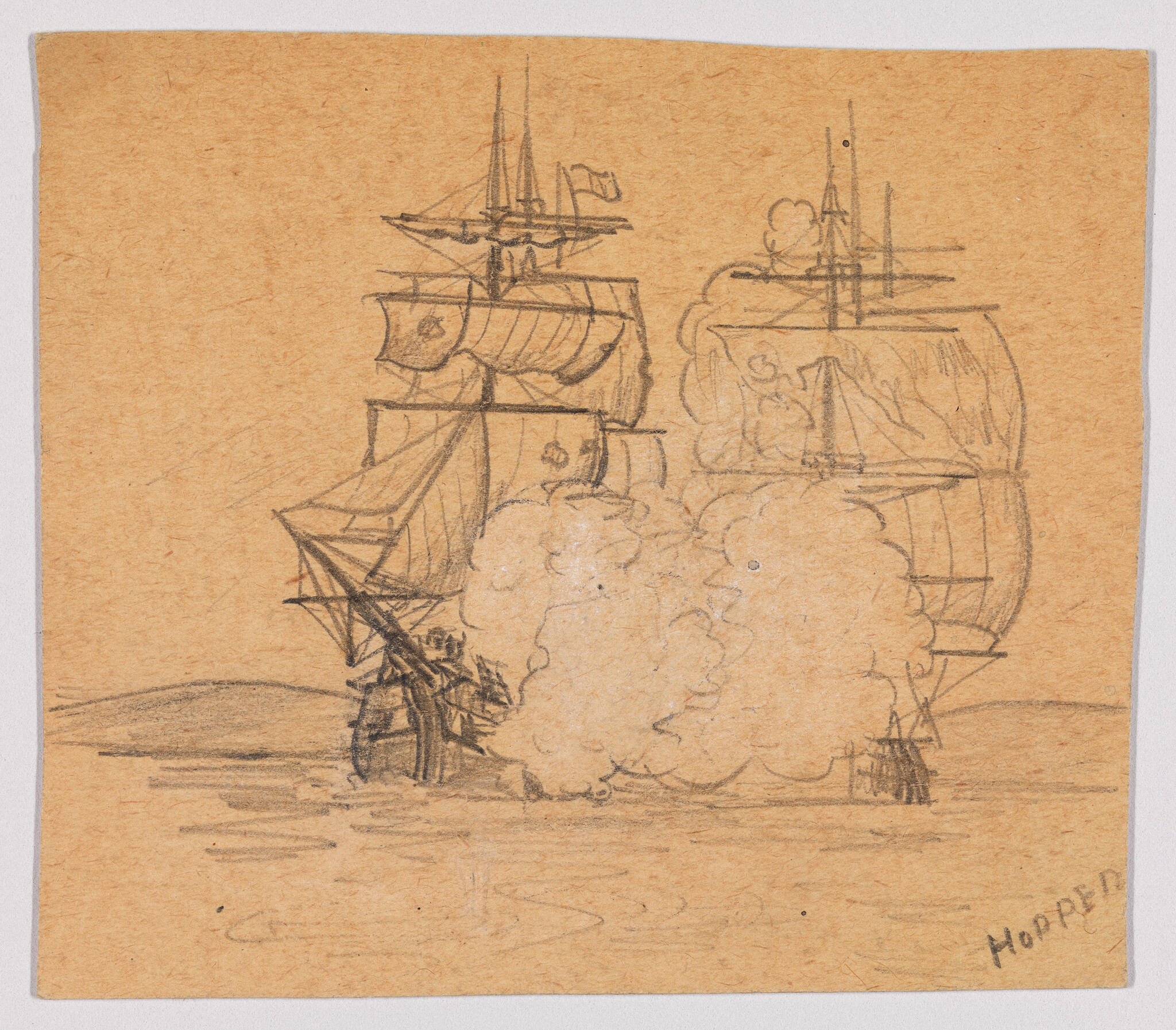 Two tall sailing ships exchange cannon fire, smoke billowing between them on calm water.