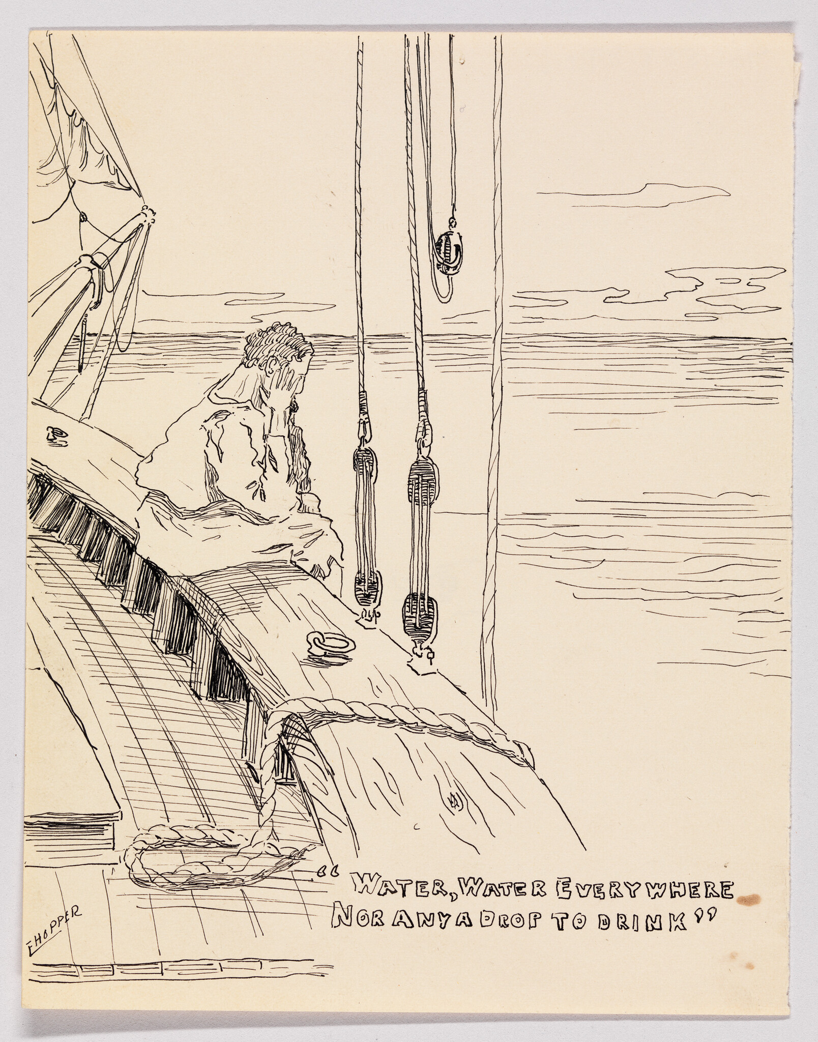 A sailor sits on deck with his face in his hands and text reads "Water, water everywhere."