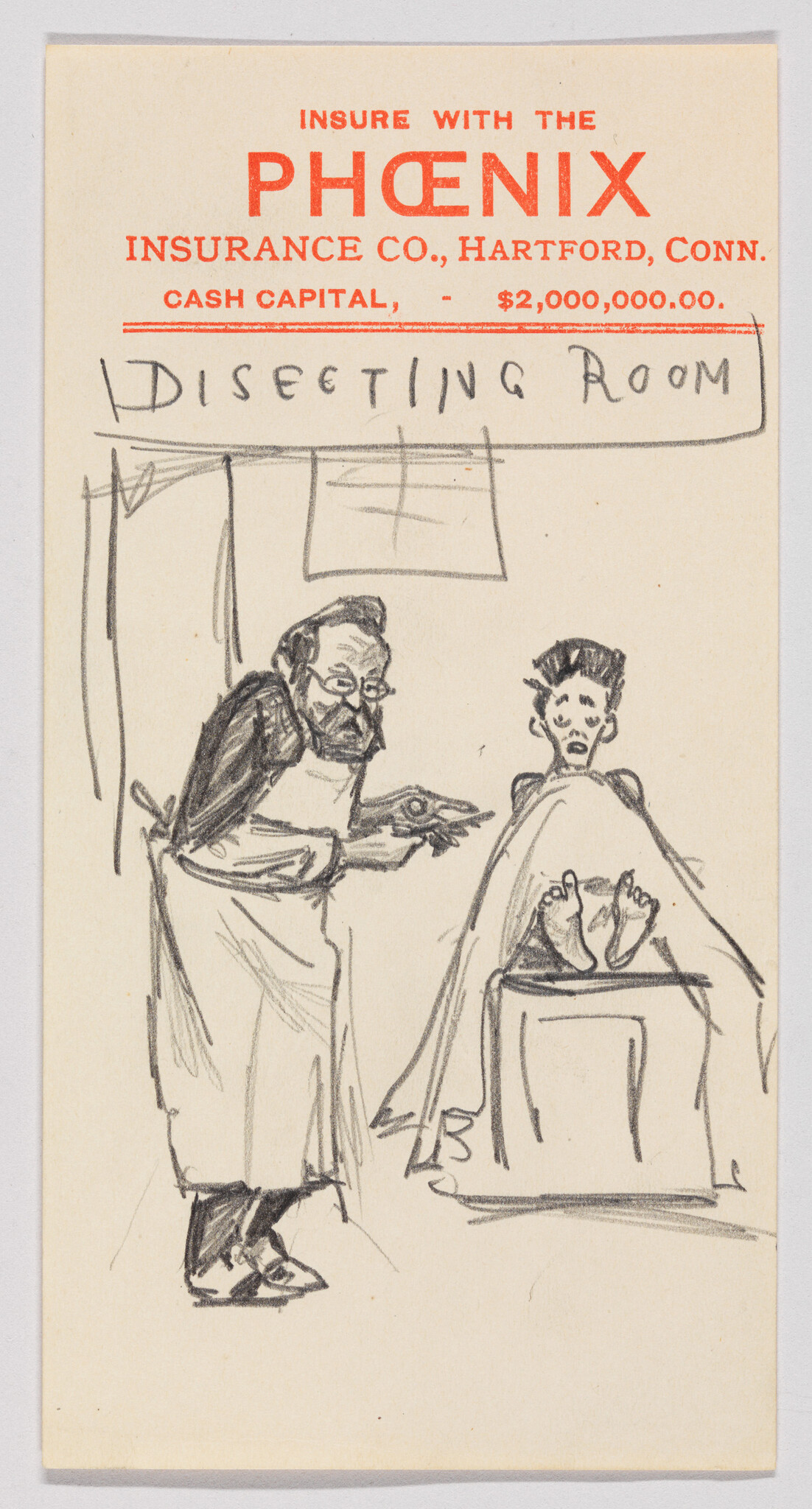 A bespectacled doctor in an apron prepares to dissect while a nervous patient lies covered on a table.