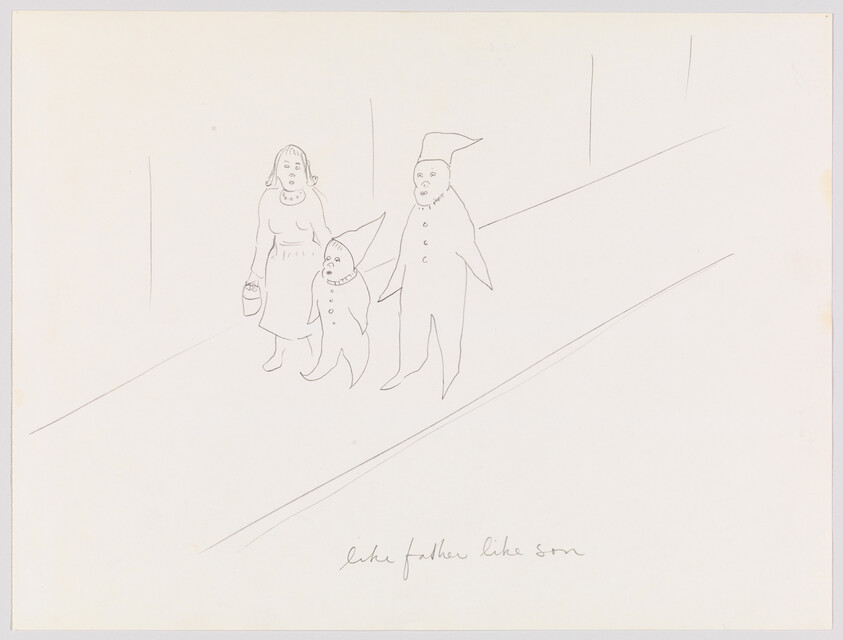 Three simple pencil-drawn figures walking along a street, caption reads "like father like son".
