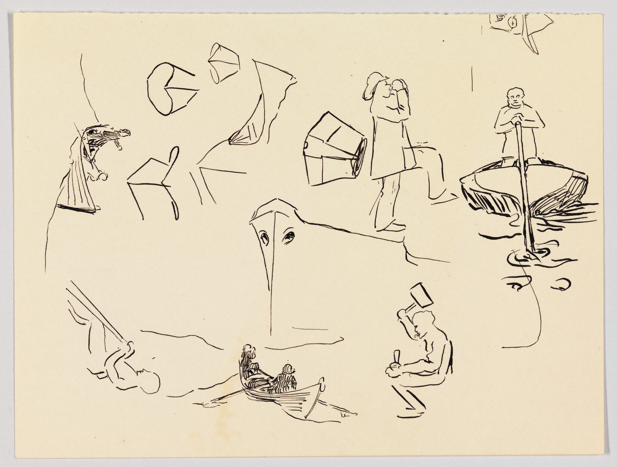 Various quick ink sketches of people in small boats and figures performing different actions.