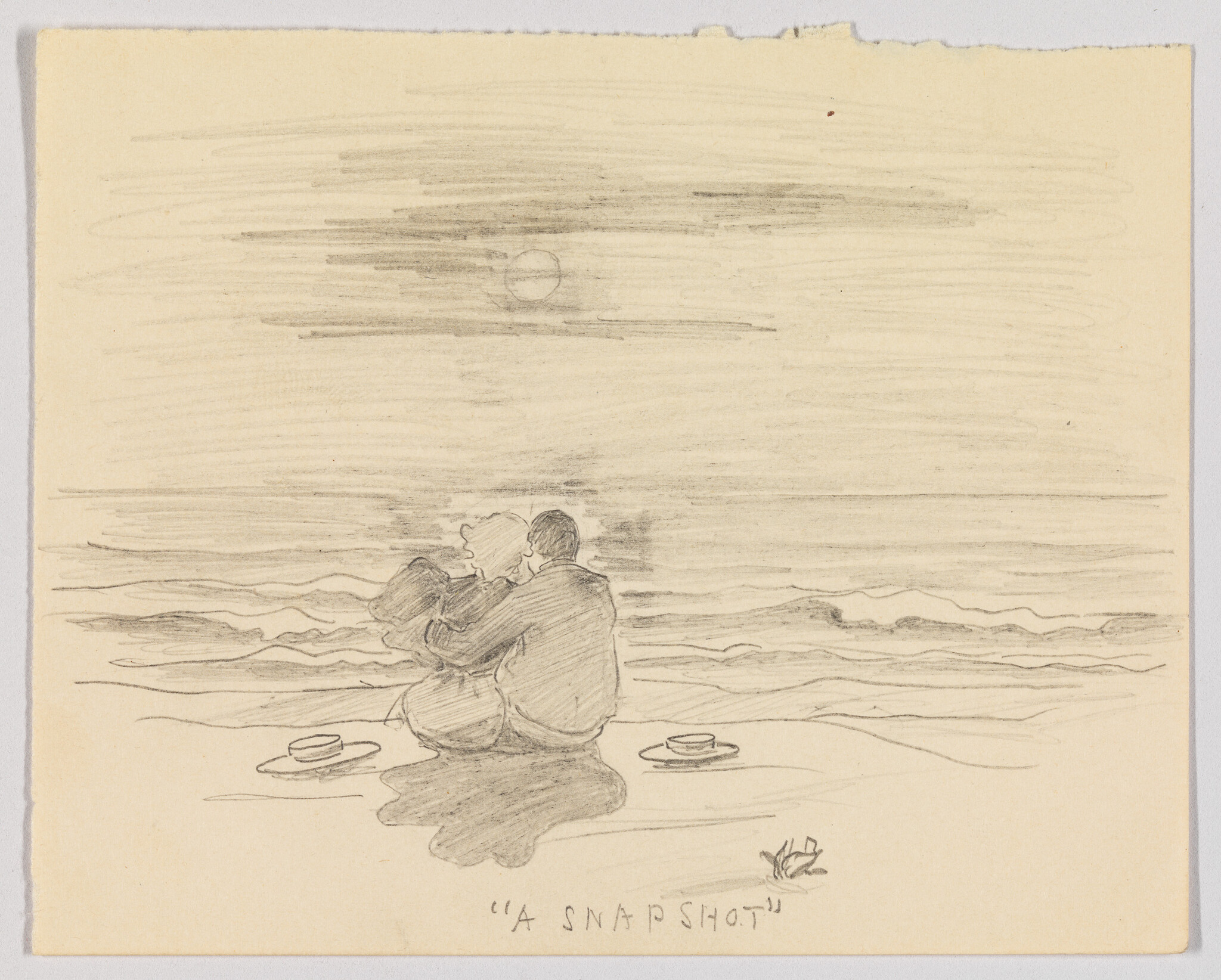 A couple sits on the beach embracing while watching the moonlit sea.