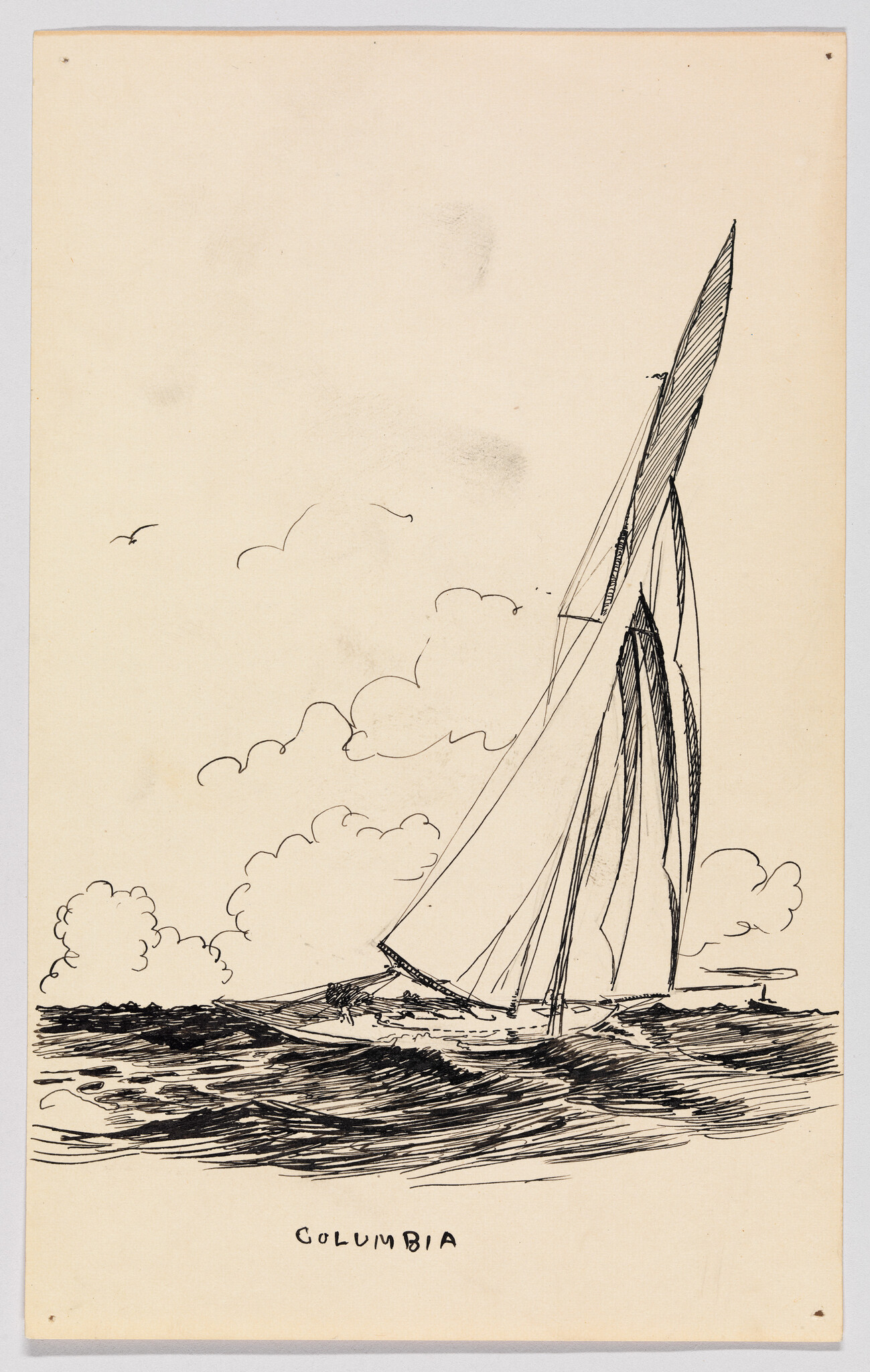 A sloop named Columbia leans into the wind with full sails while cutting through choppy water.