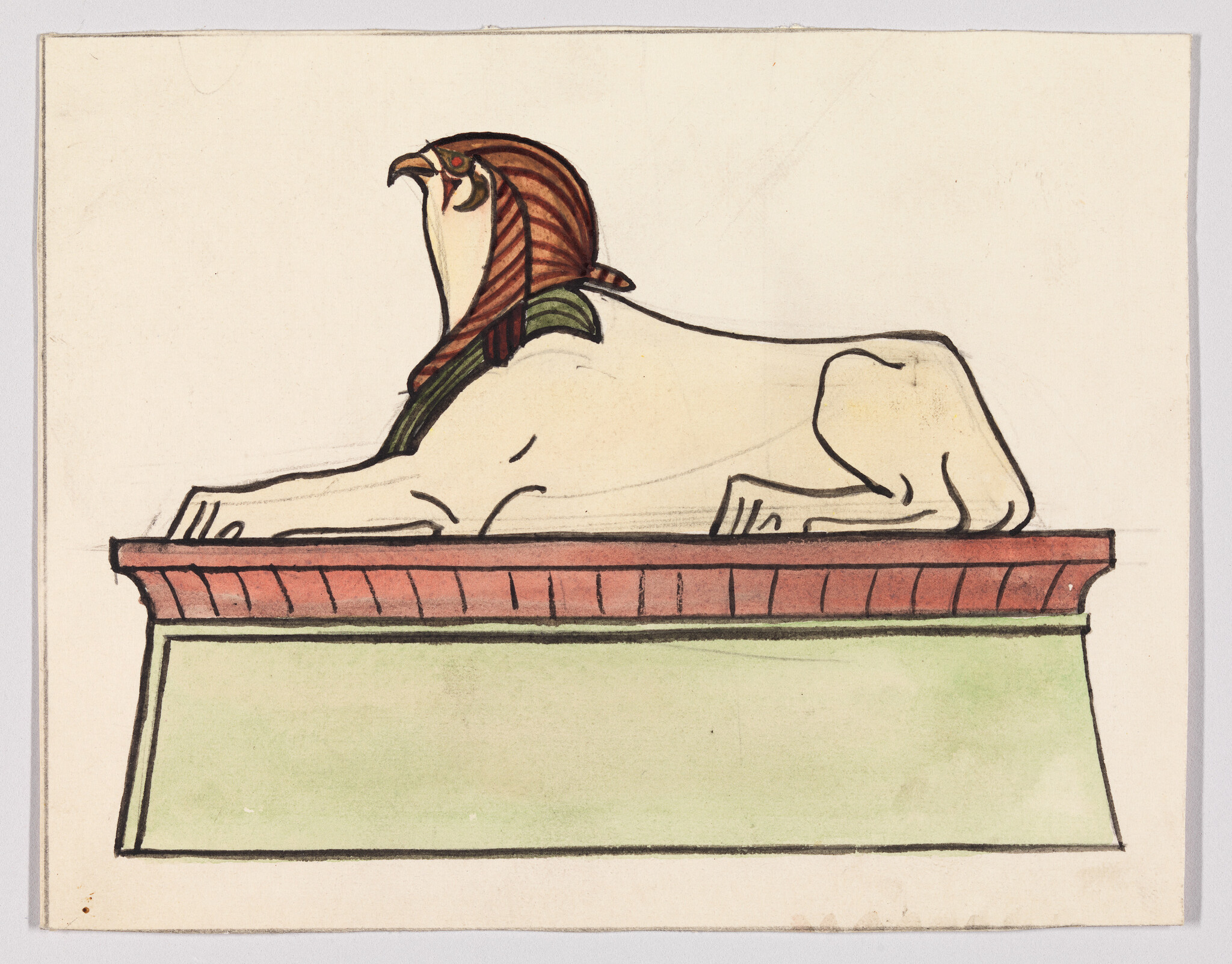 A reclining Egyptian sphinx statue with a striped headdress resting on a decorated pedestal.