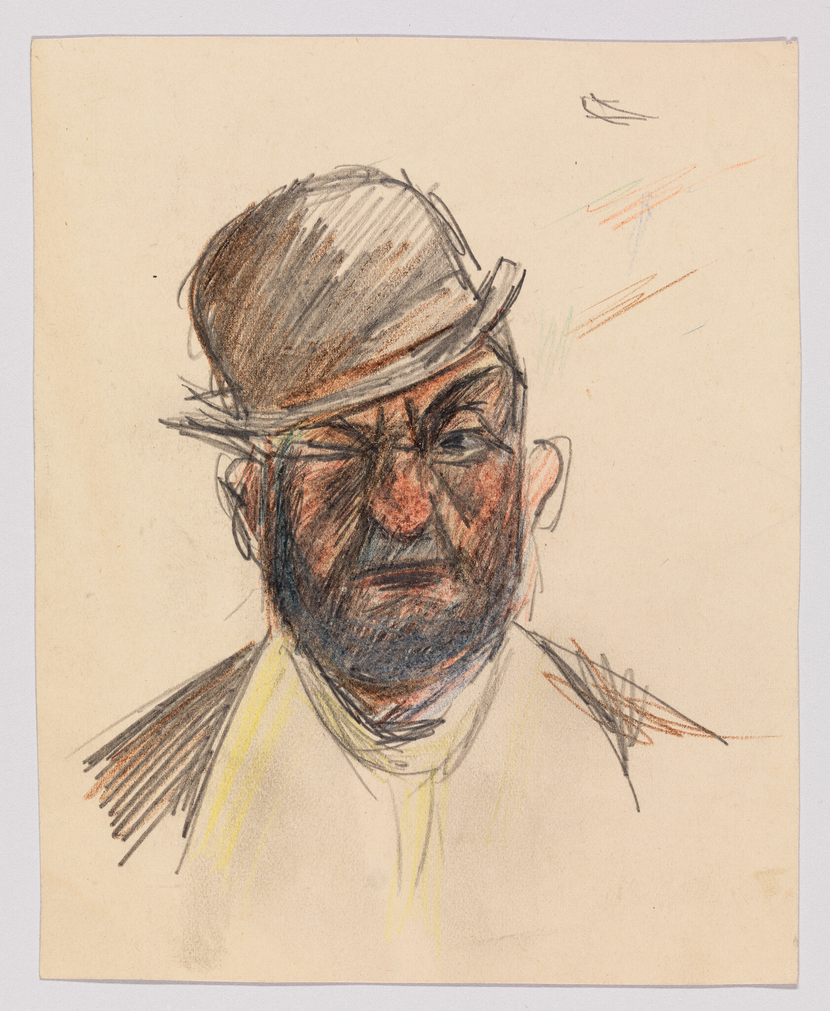 An older man with a beard and bowler hat squints with a stern, wrinkled face.