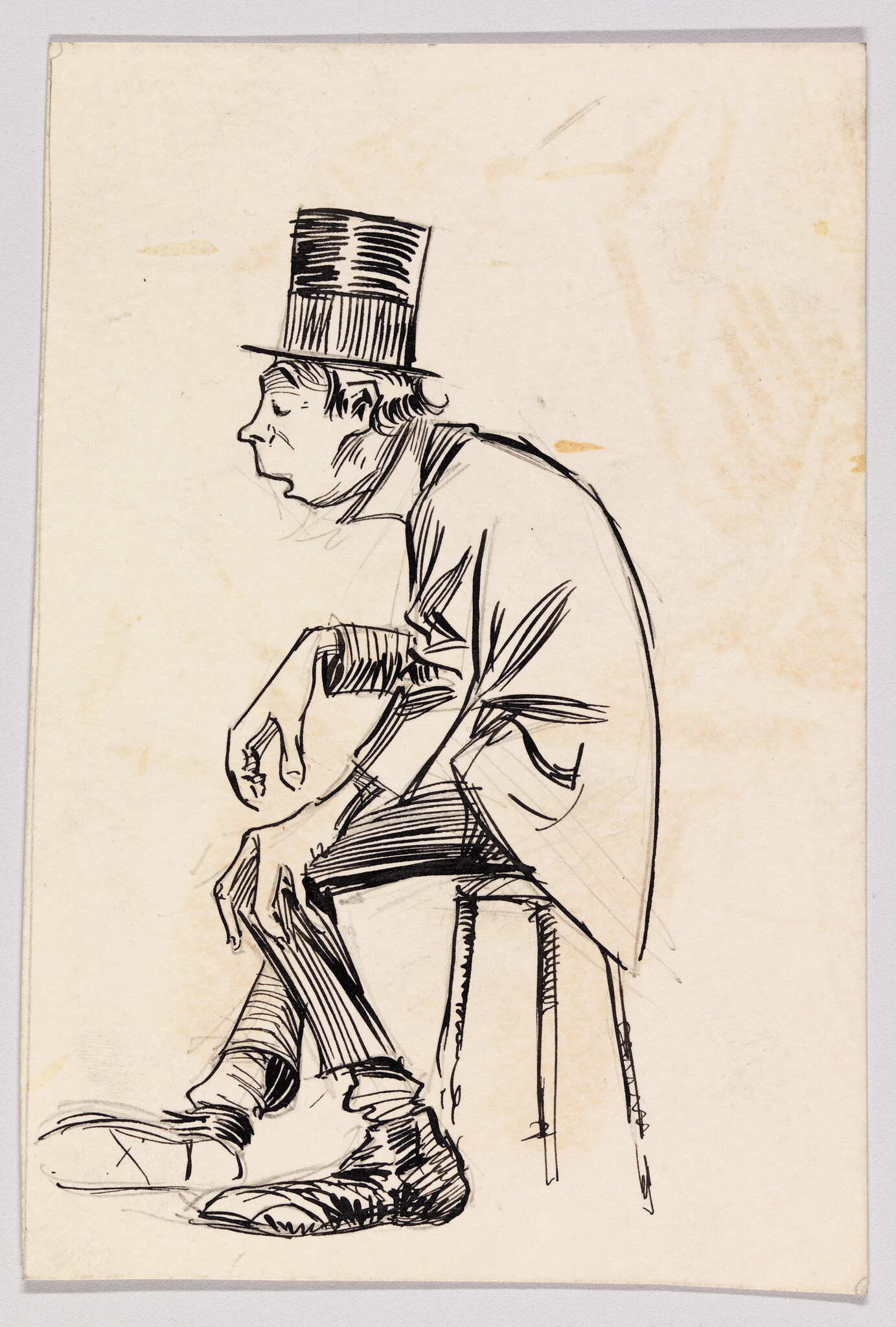 A tired man in a top hat sits slouched on a stool with drooping hands.