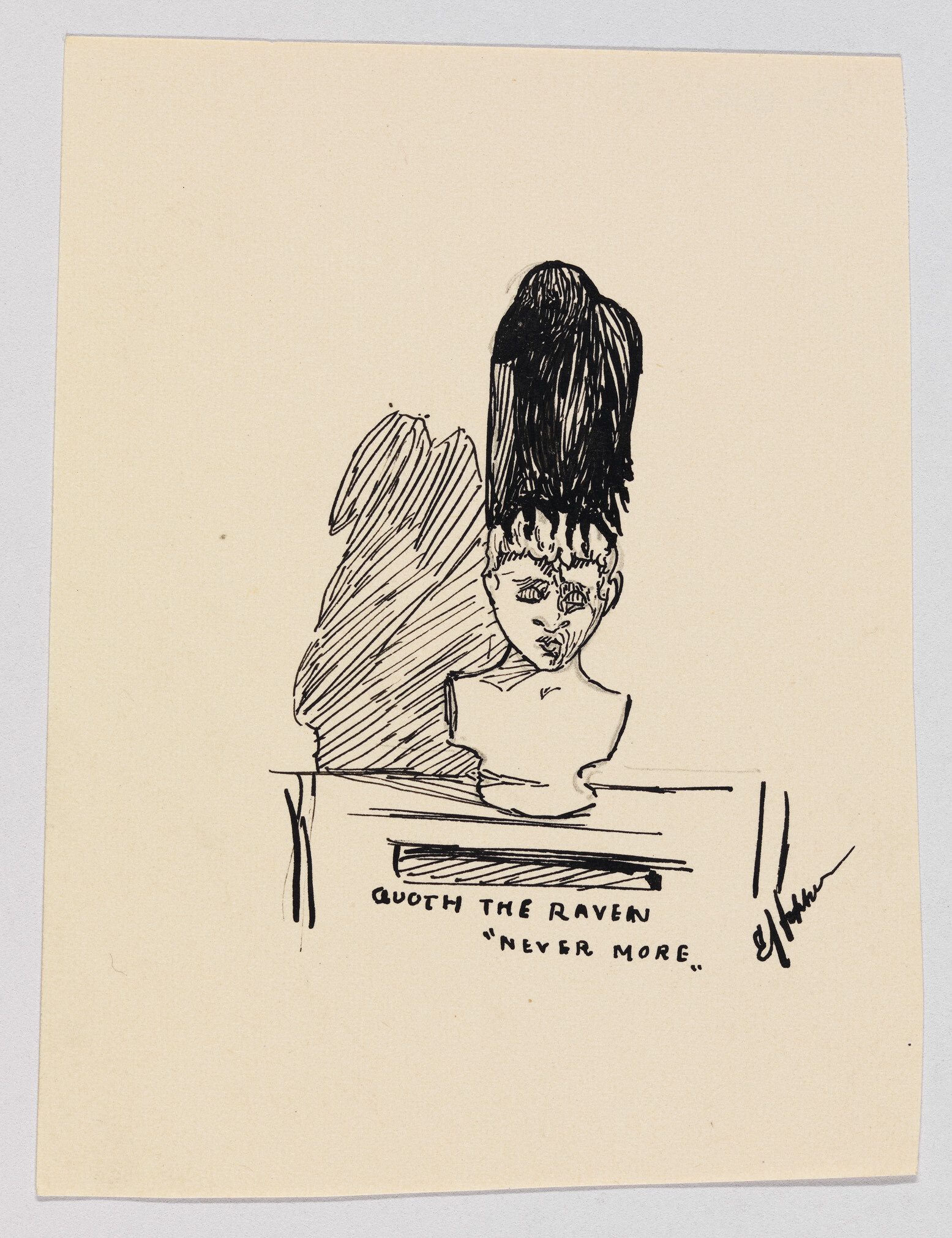 A sketch of a bust with a large raven perched on its head and caption "Quoth the Raven never more."