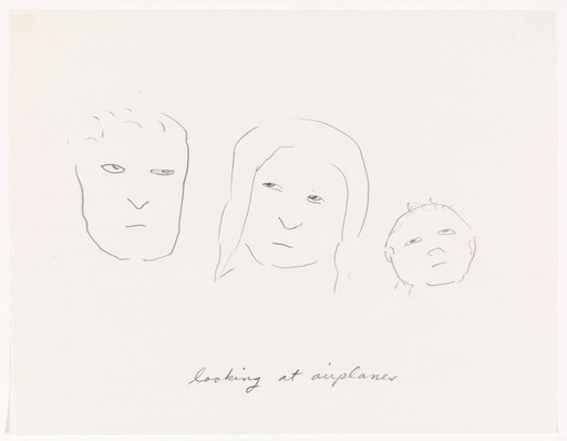 Three simple pencil faces looking upward with handwritten caption "looking at airplanes."