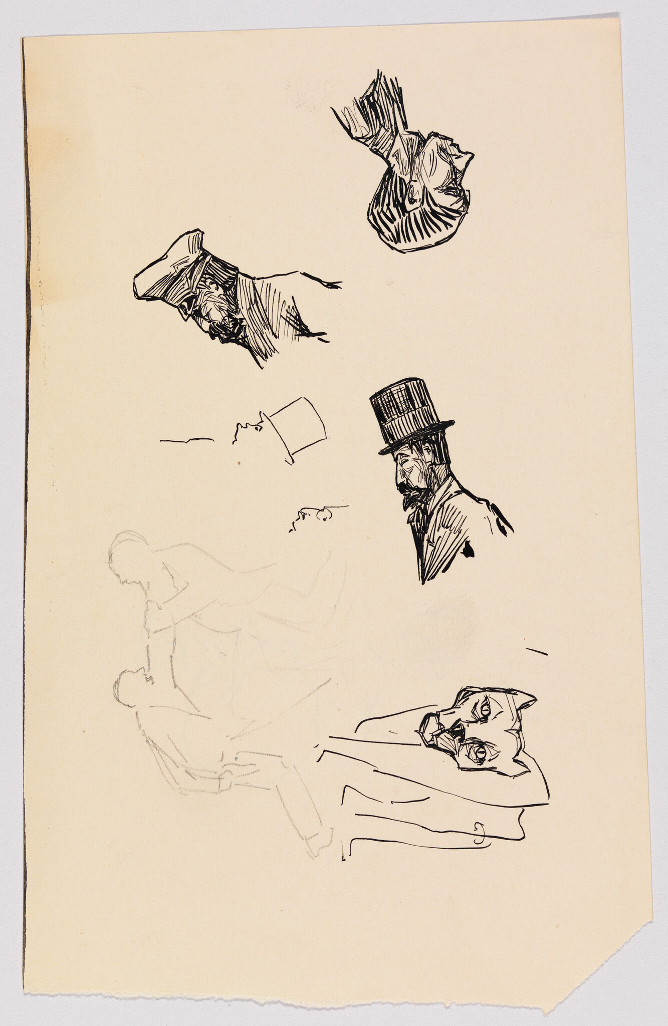 Several quick ink sketches show men's heads in hats and a small reclining cat face.