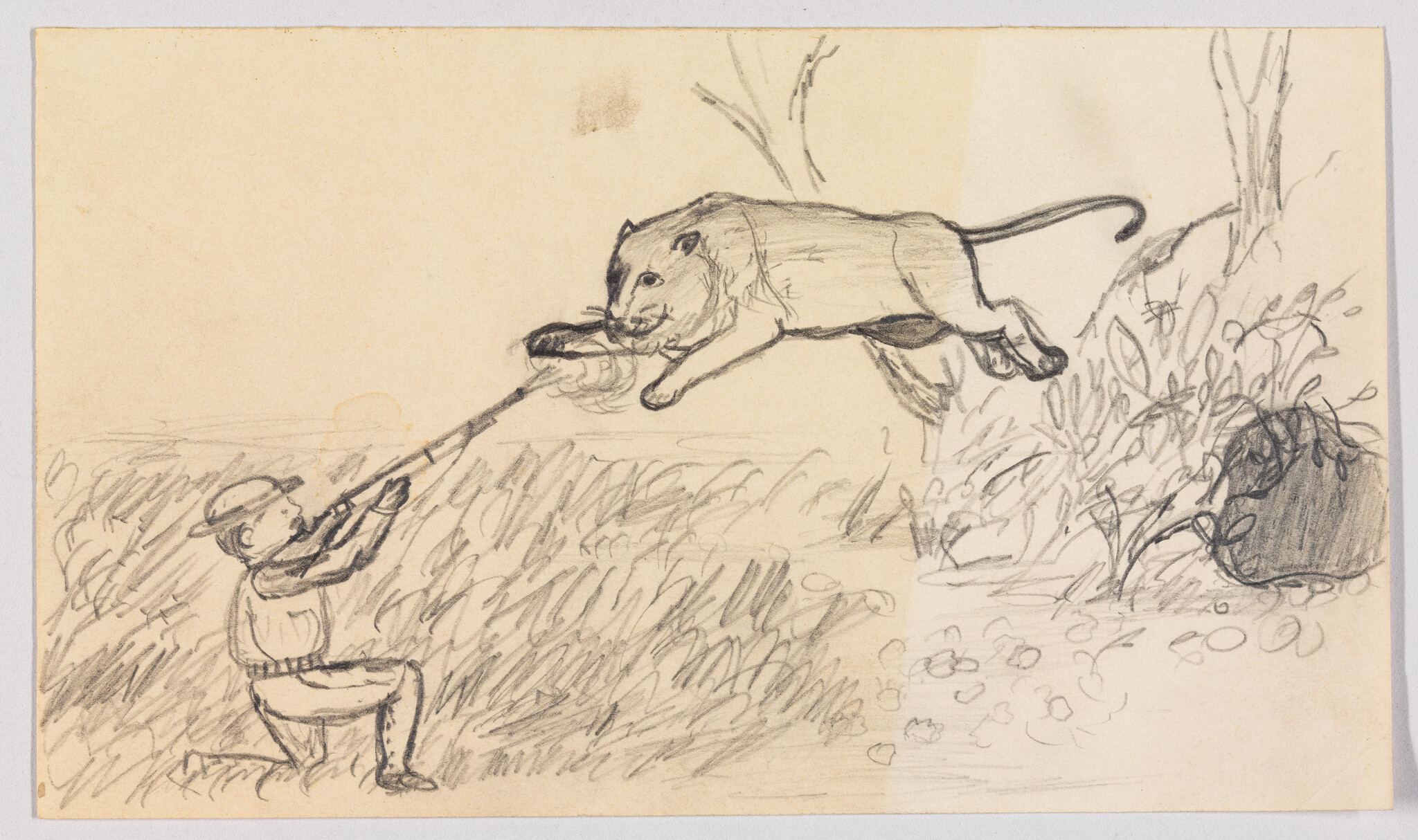 A man kneels and pulls on a rope while a lion leaps toward him.