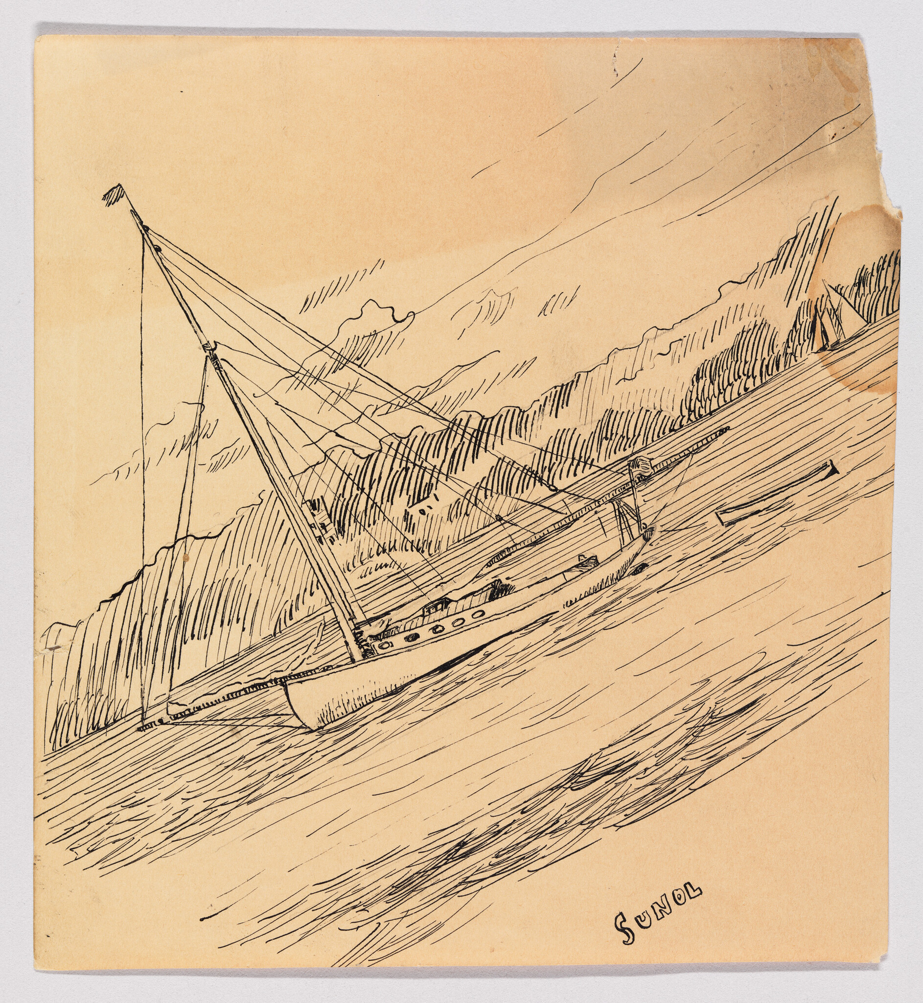 A pen sketch shows a tilted sailboat sailing near a hilly shoreline with rippling water.