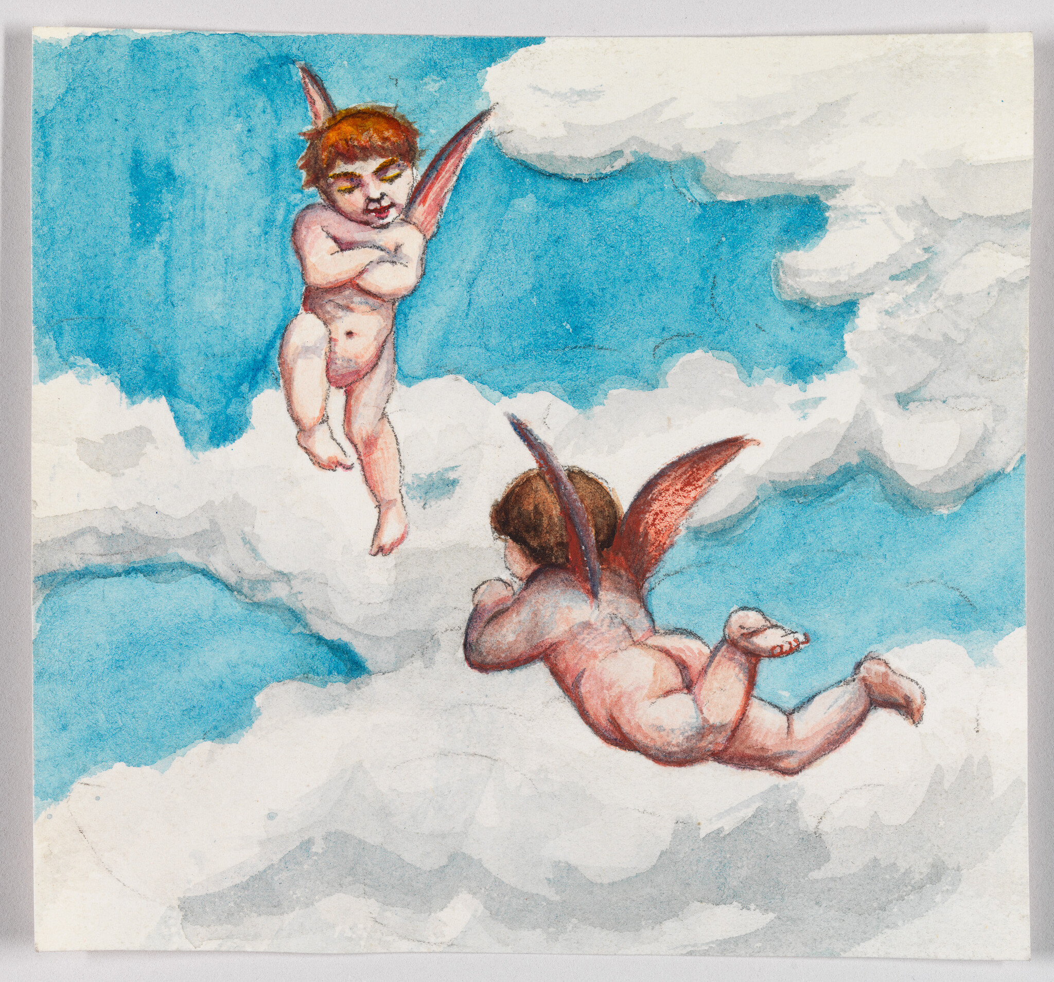 Two winged cherubs fly and rest among fluffy clouds against a bright blue sky.