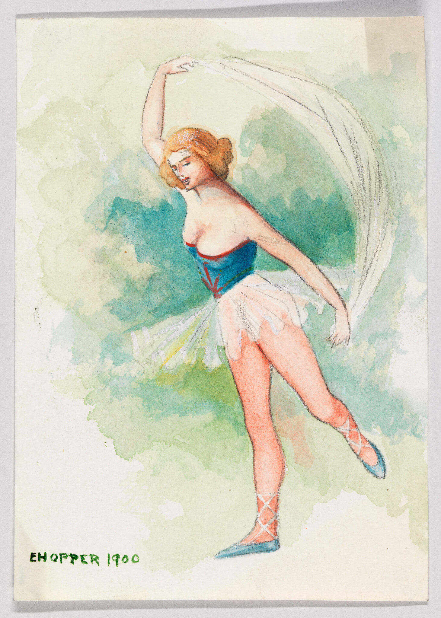 A ballerina in a blue corset and tutu poses en pointe, holding a flowing scarf overhead.