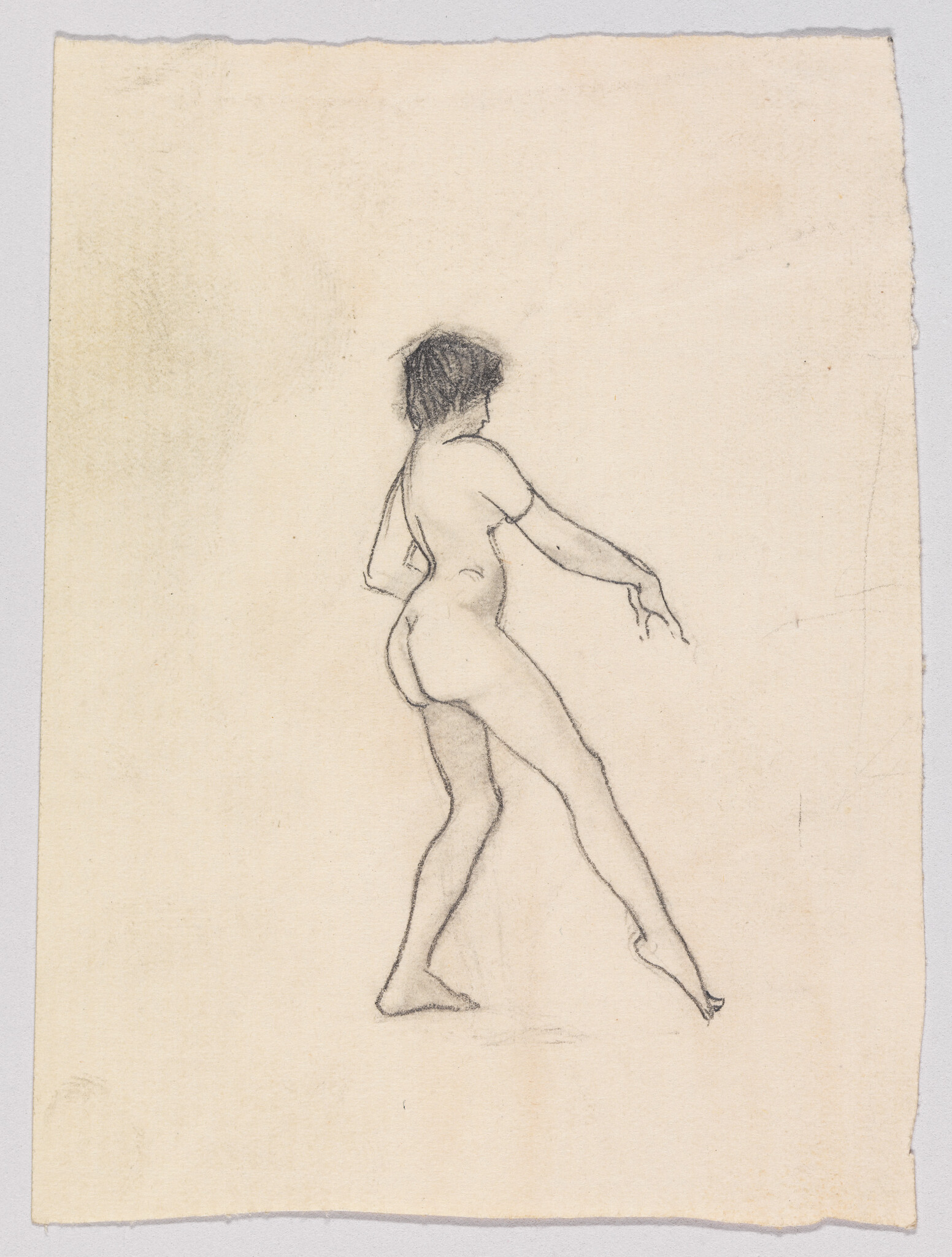 Nude woman stands with weight on one leg and reaches her arm outward.