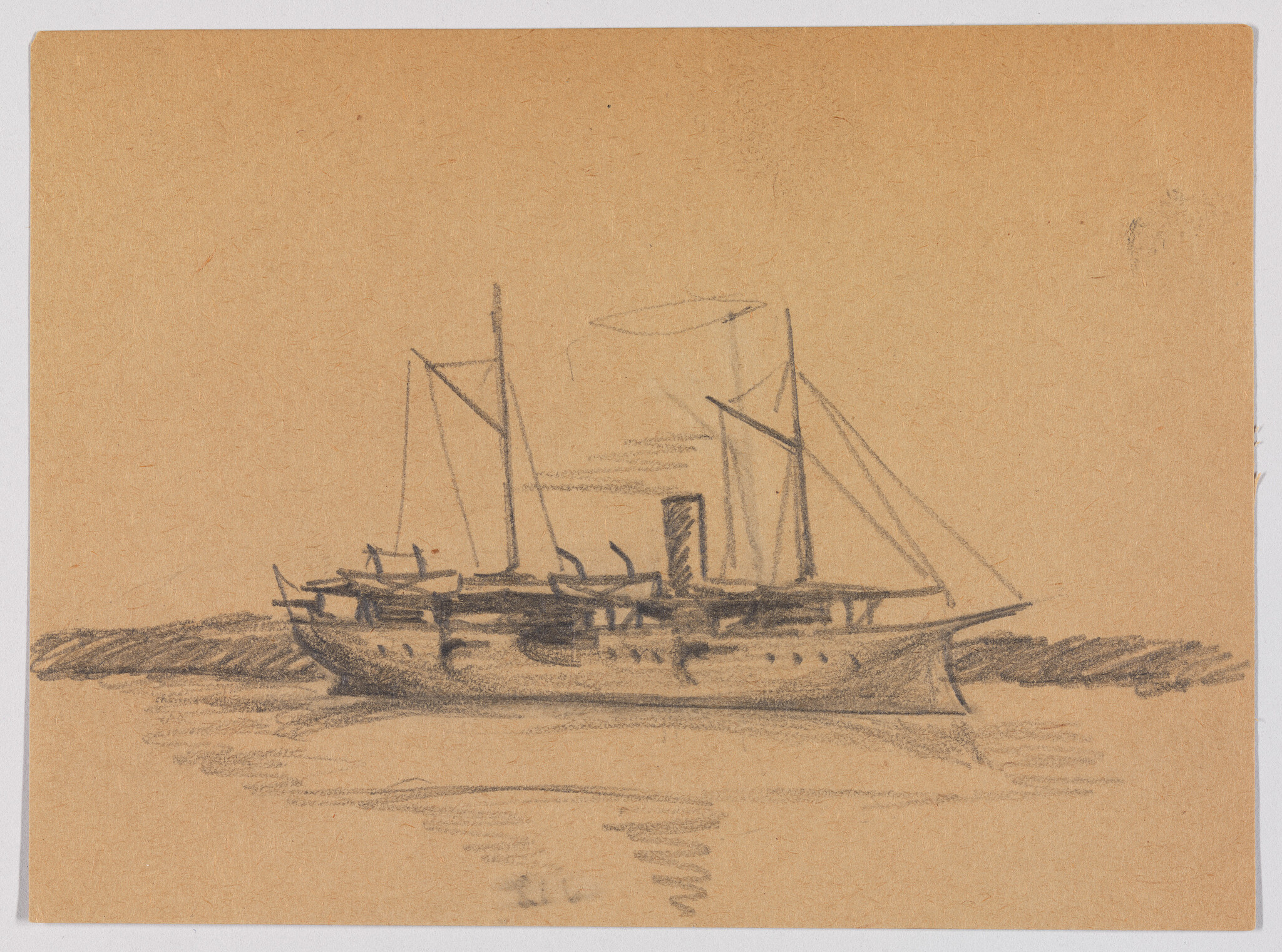 A pencil sketch of a two-masted steamship anchored near a low shoreline with calm water.