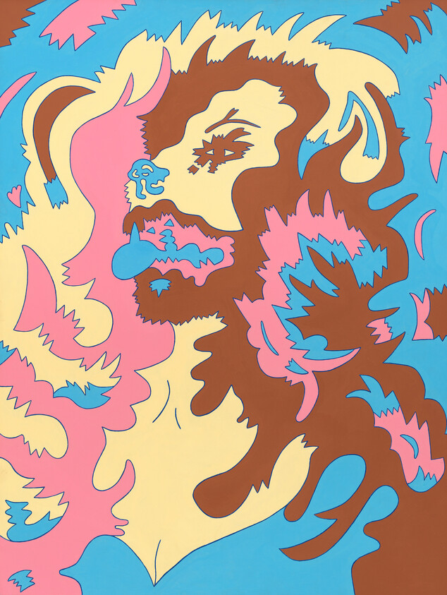 A colorful abstract lion face made of swirling pink, blue, yellow, and brown shapes.
