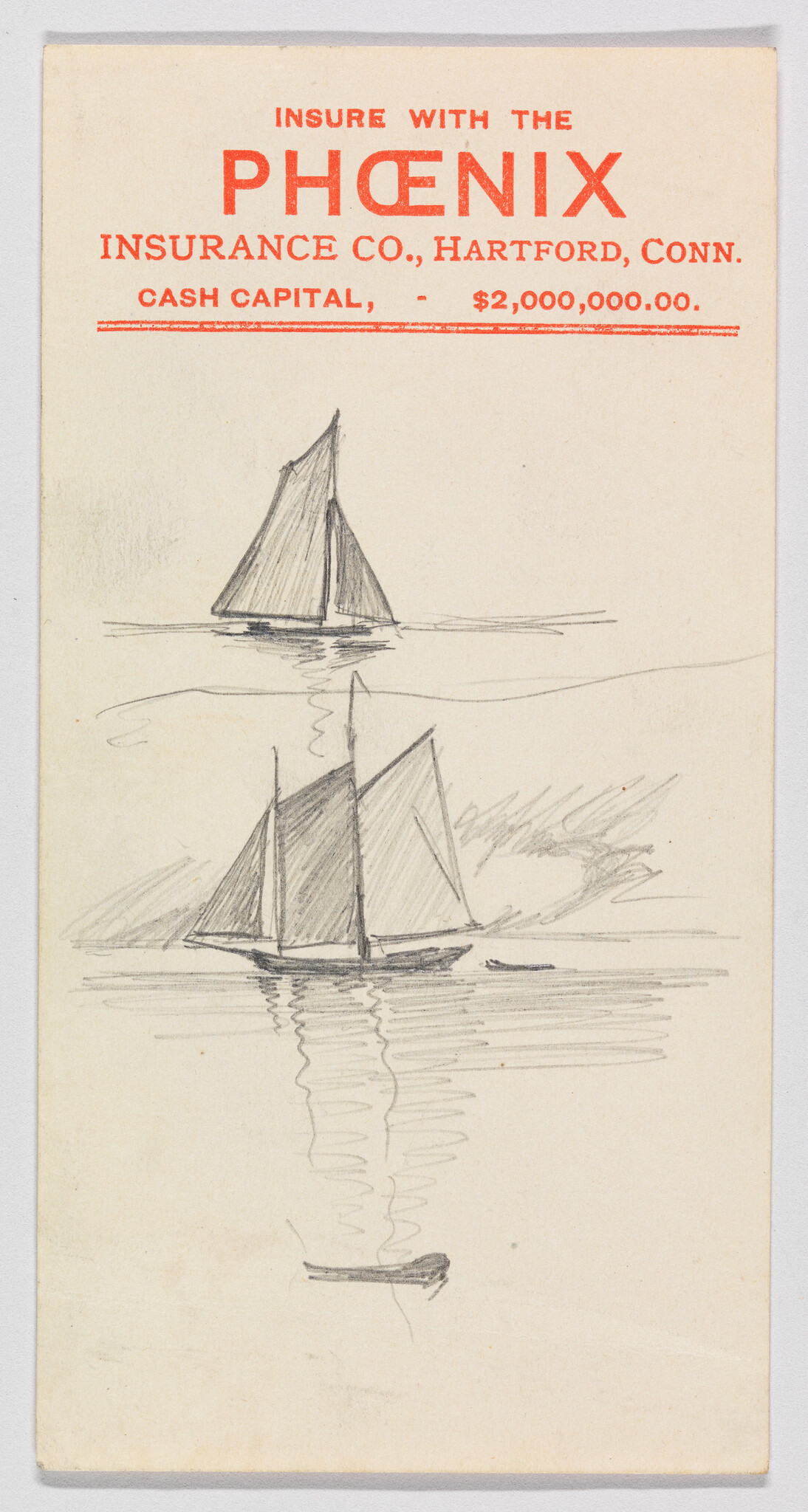 Pencil sketch of two sailboats with reflections drawn on Phoenix Insurance Co. letterhead.
