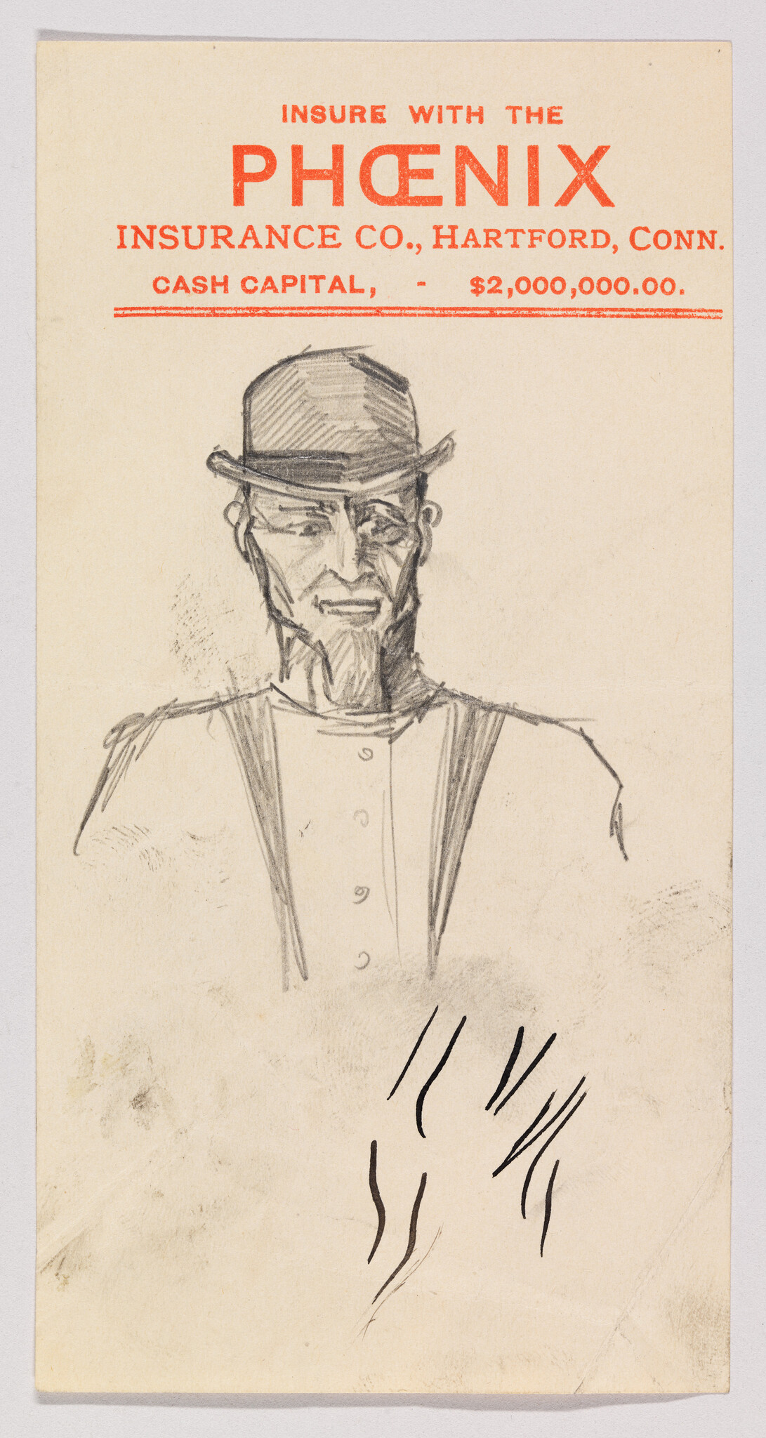 A pencil sketch of a bearded man in a bowler hat and suspenders on Phoenix Insurance stationery.