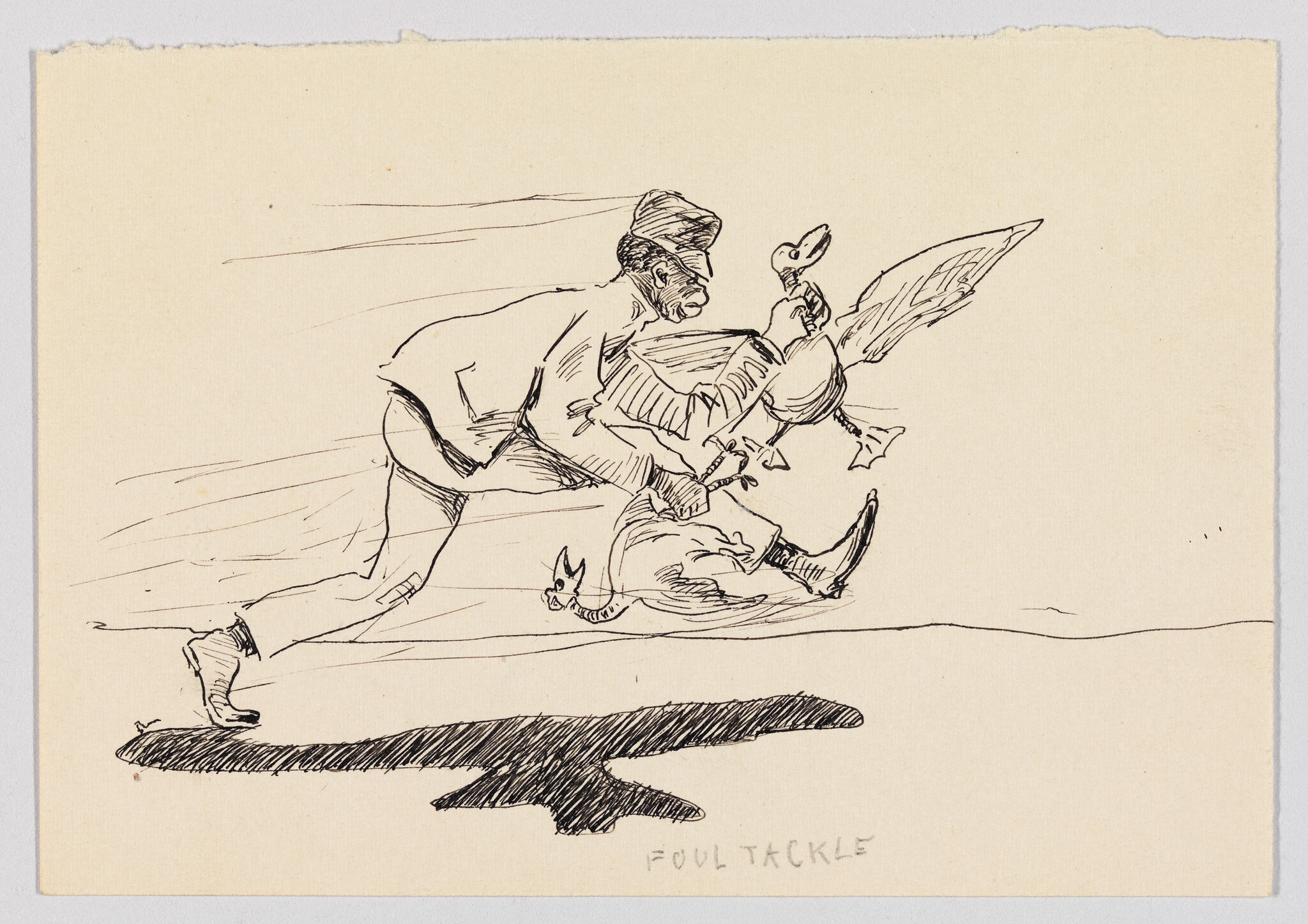 A man lunges forward and tackles a large duck while holding an umbrella.