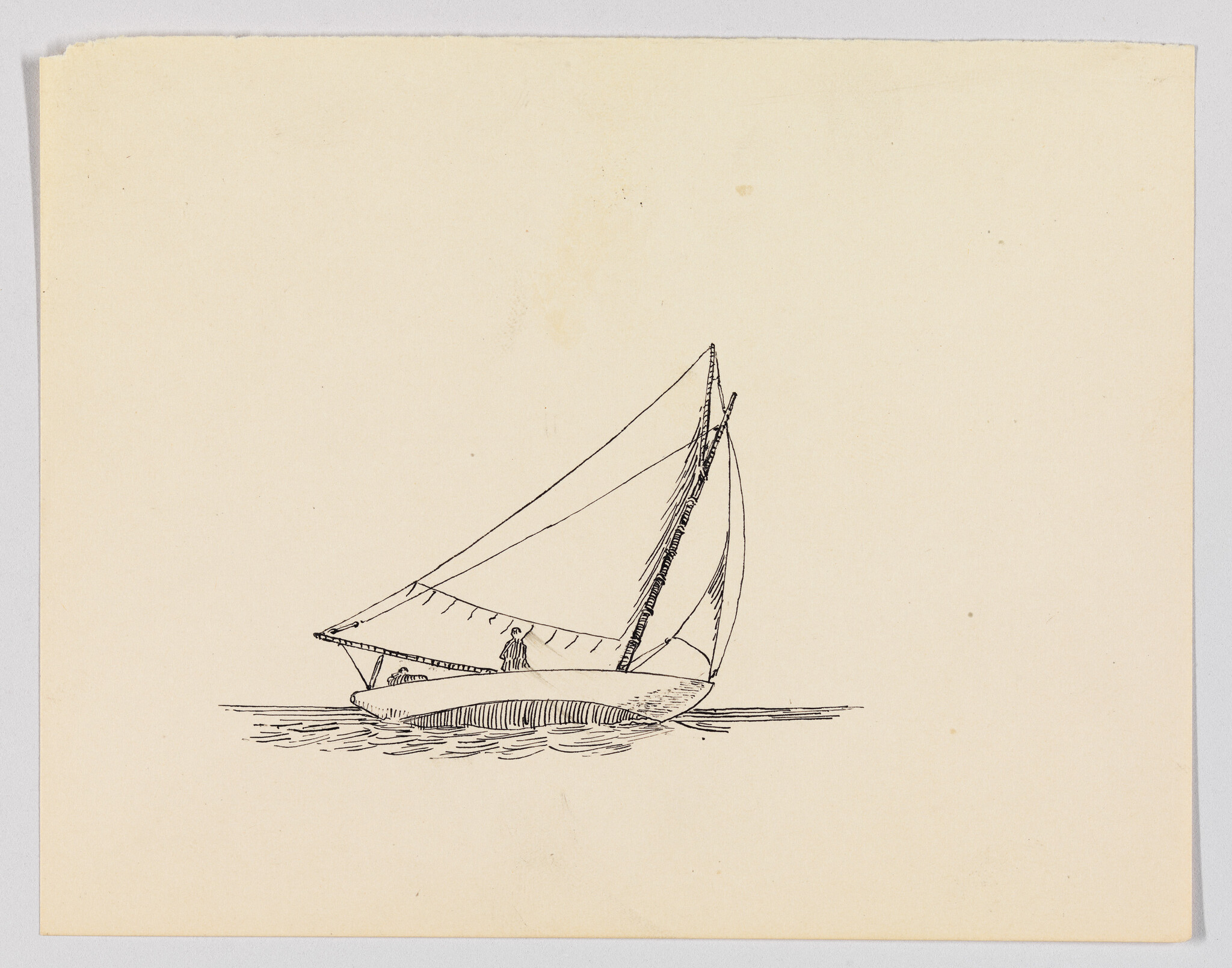 A small sailboat with a single person sails on calm water with its triangular sails raised.
