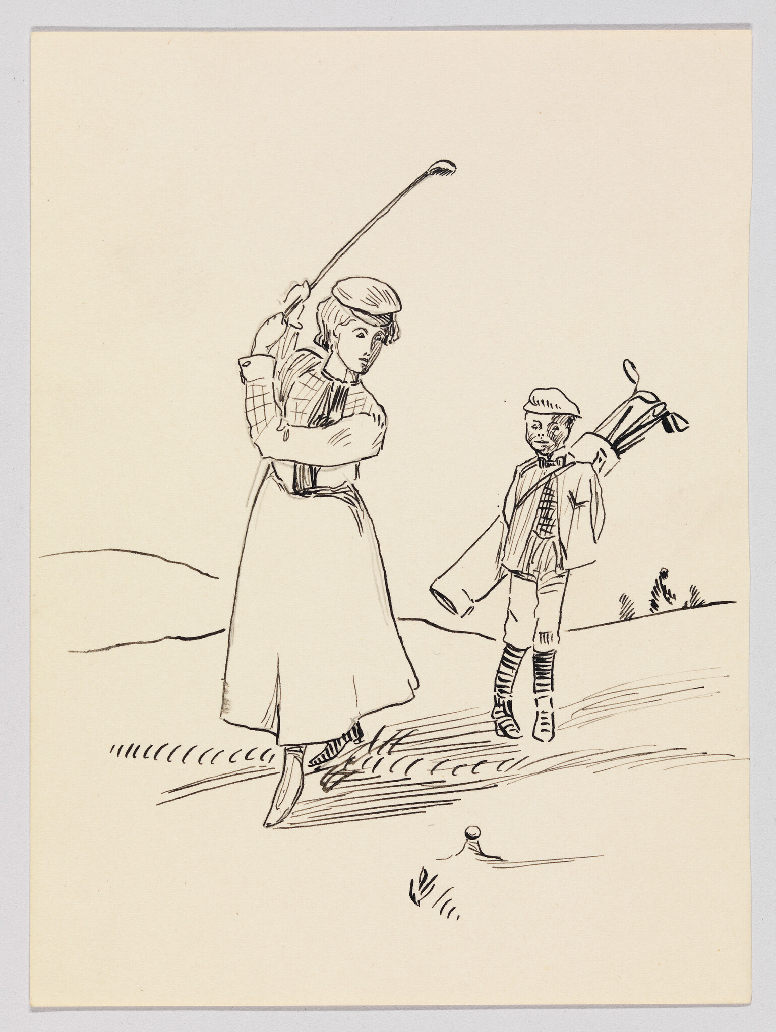 A woman in period clothing swings a golf club while a boy caddy watches nearby.