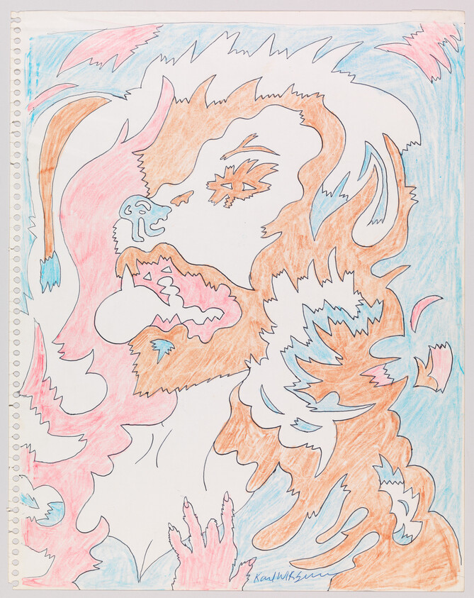 A colorful abstract lion profile with flowing mane in pink, orange, and blue pencil.