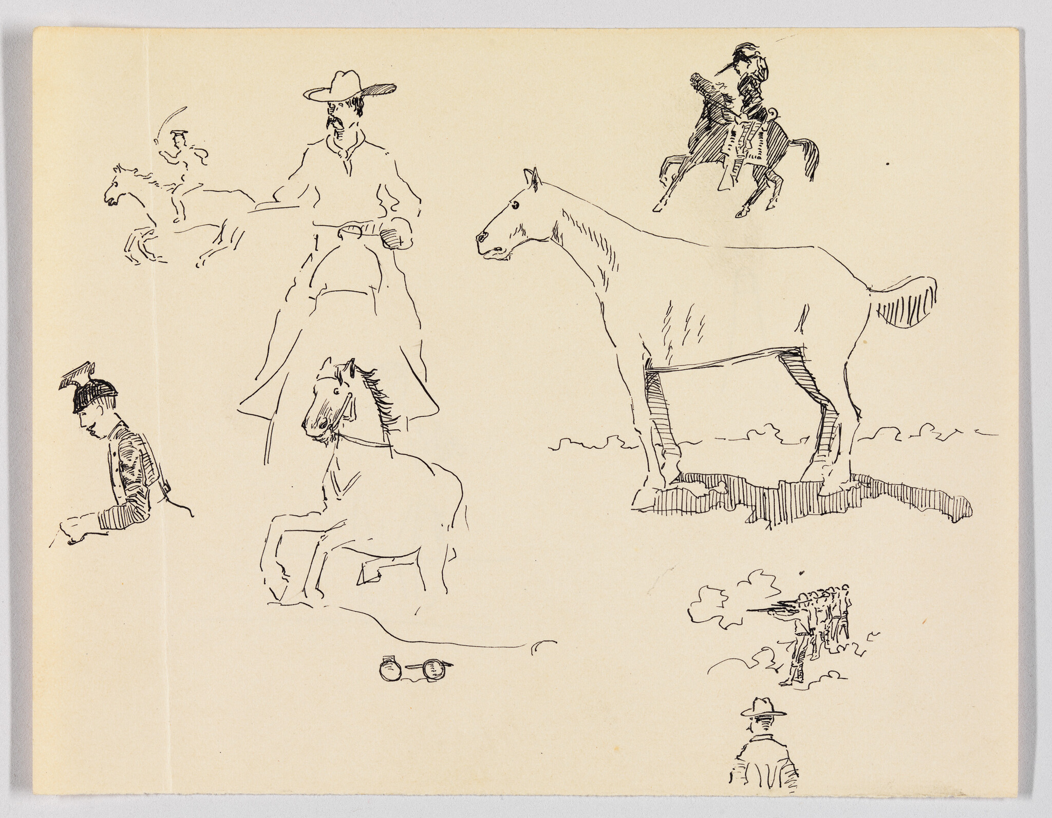 Multiple ink sketches of horses and riders, including a large standing horse on the right.